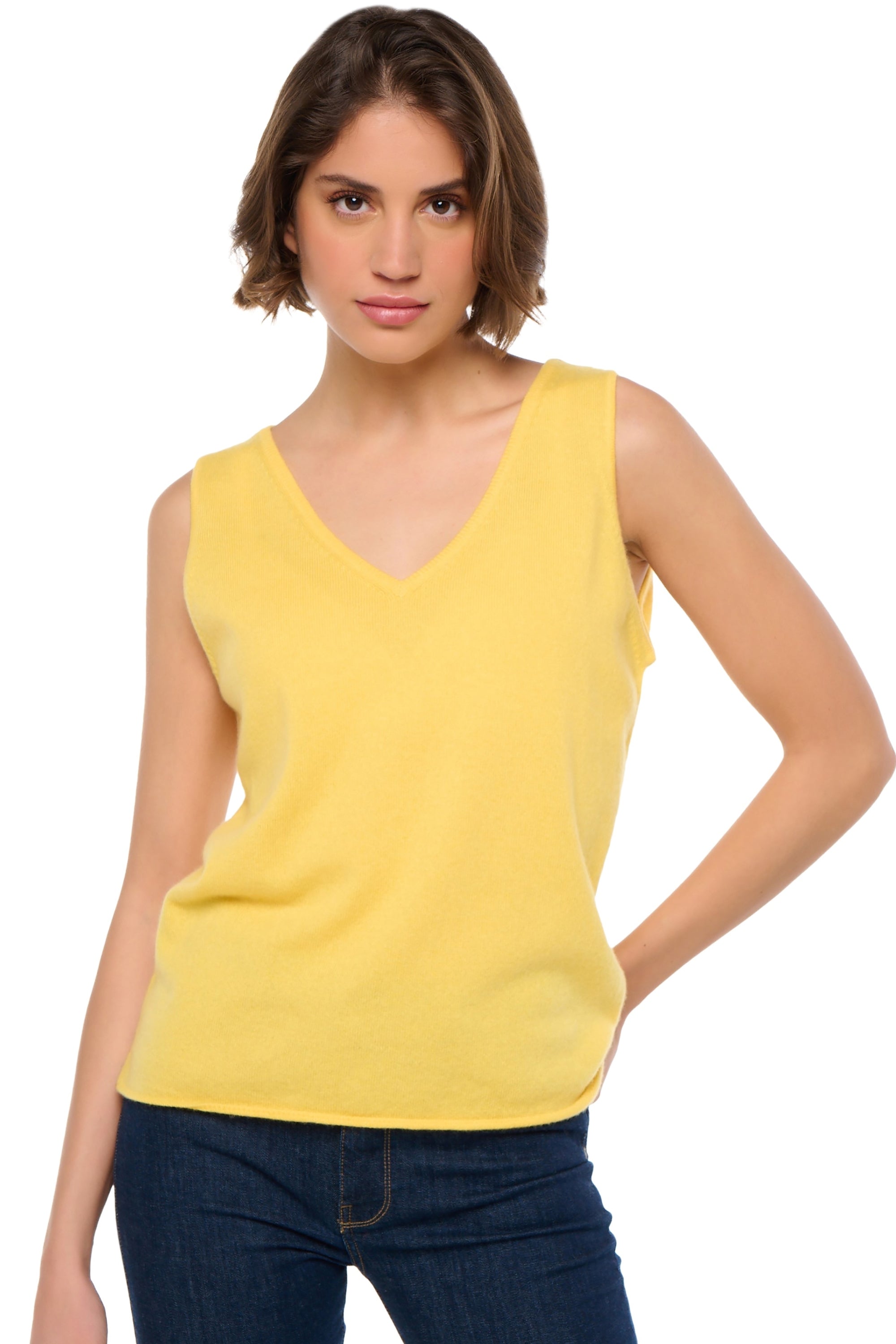 Pull en cachemire, 100 % Cachemire, femme, col col v, coupe droite, sans manches, fine, , Mahogany