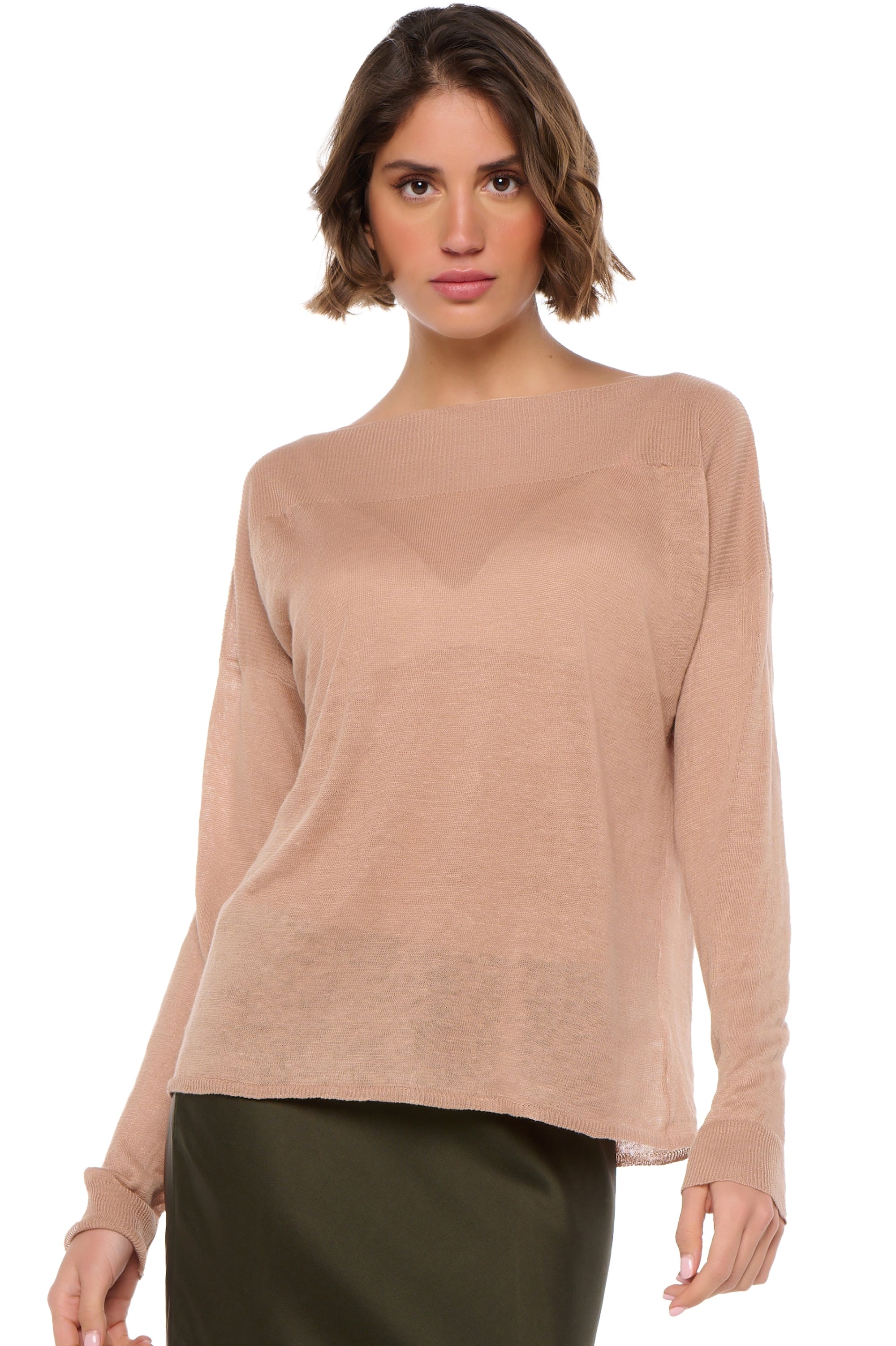Pull en lin, 100 % Lin, femme, col col bâteau, coupe droite, manches longues, normale / 2 et 4 fils, tricot normal, Mahogany