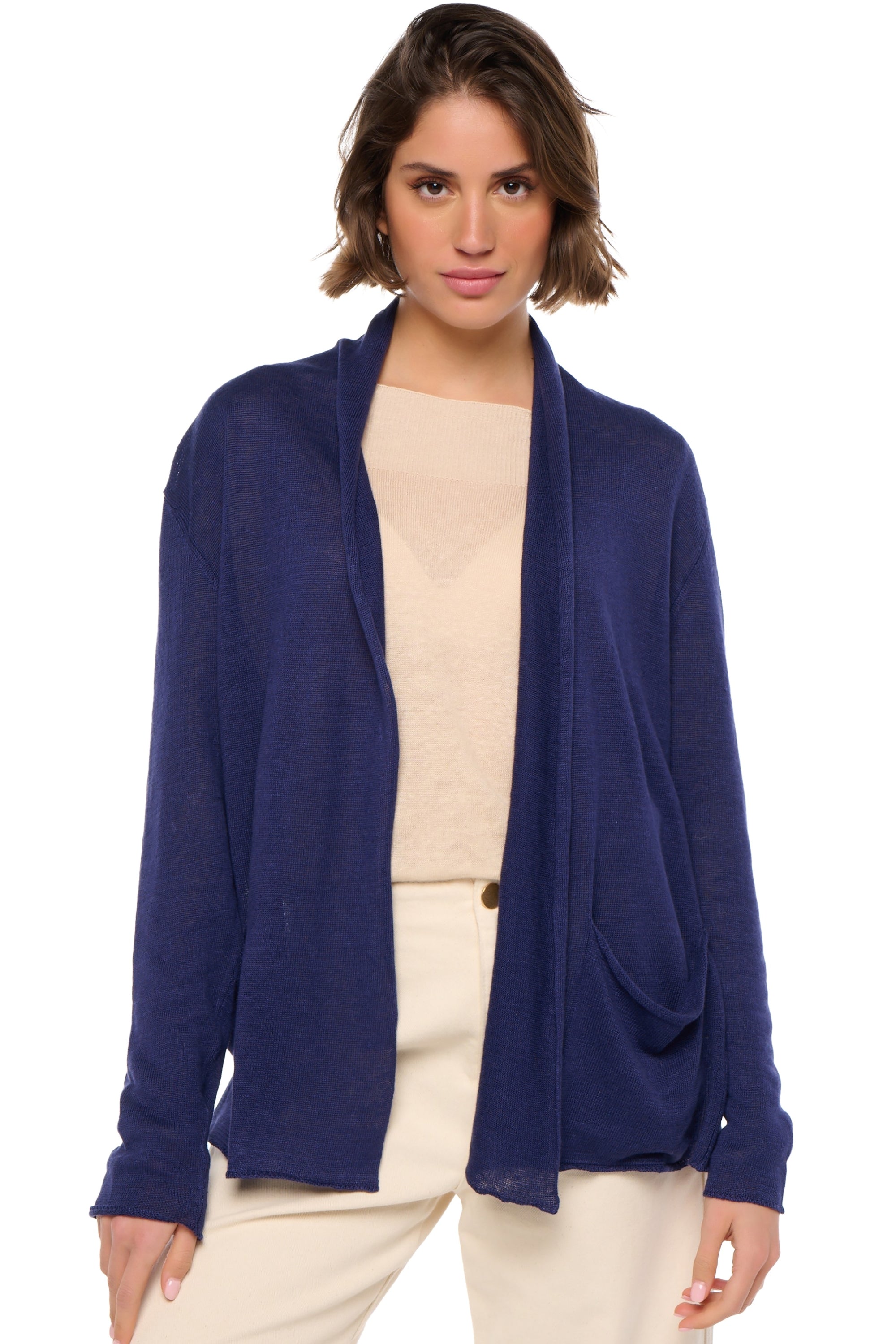 Cardigan en lin, 100 % Lin, femme, sans col, coupe droite, manches longues, normale / 2 et 4 fils, tricot normal, Mahogany