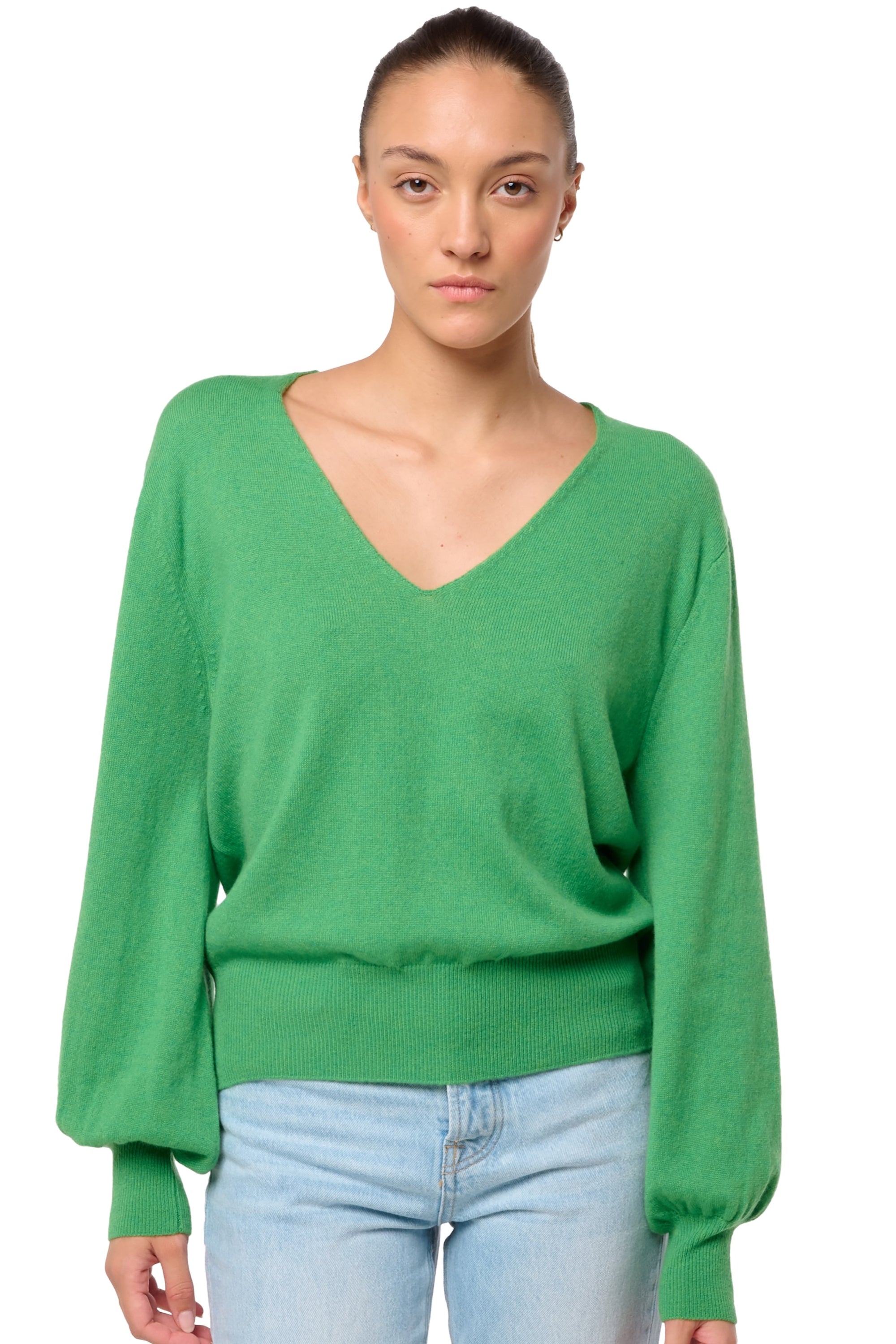 Pull en cachemire, 100 % Cachemire, femme, col col v, coupe droite, manches ballon, normale / 2 et 4 fils, tricot normal, Mahogany