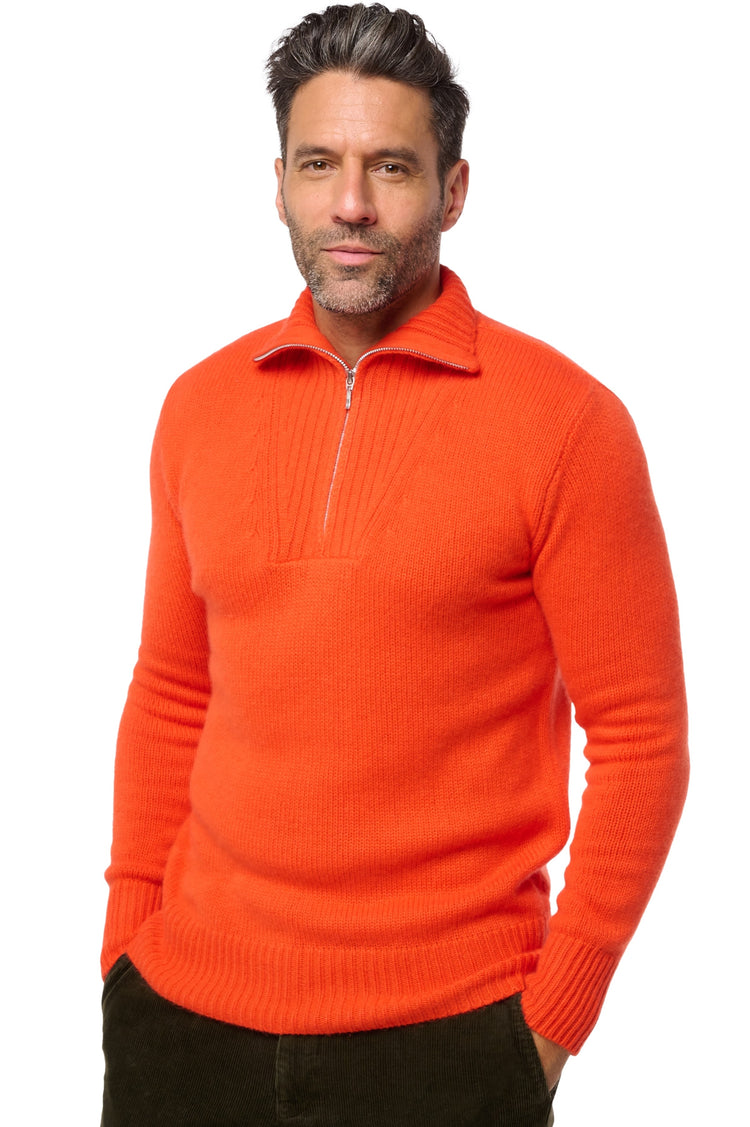 Pull en cachemire, 100 % Cachemire, homme, col col camioneur, fermeture zip, coupe droite, manches longues, grosse / 6 fils et +, tricot normal, Mahogany