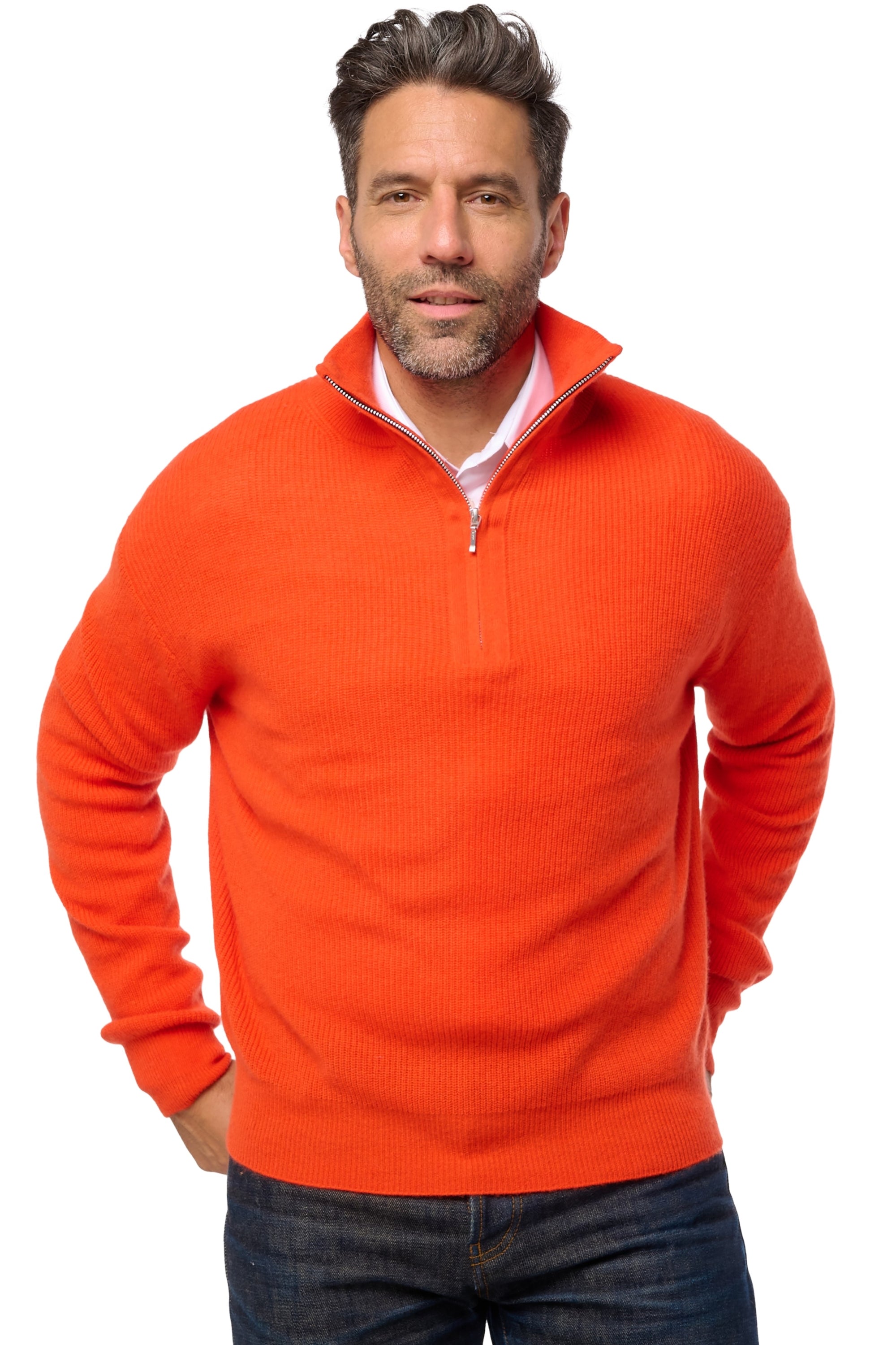 Pull en cachemire, 100 % Cachemire, homme, col col camioneur, fermeture zip, coupe droite, manches longues, normale / 2 et 4 fils, tricot normal, Mahogany