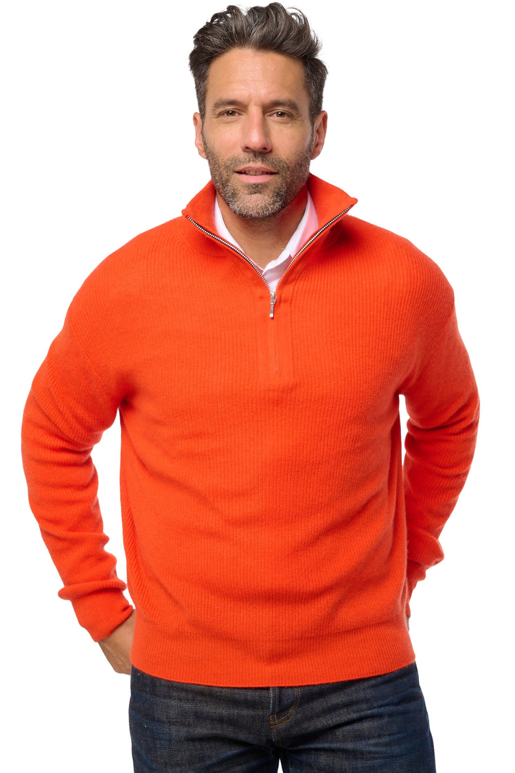 Pull en cachemire, 100 % Cachemire, homme, col col camioneur, fermeture zip, coupe droite, manches longues, normale / 2 et 4 fils, tricot normal, Mahogany