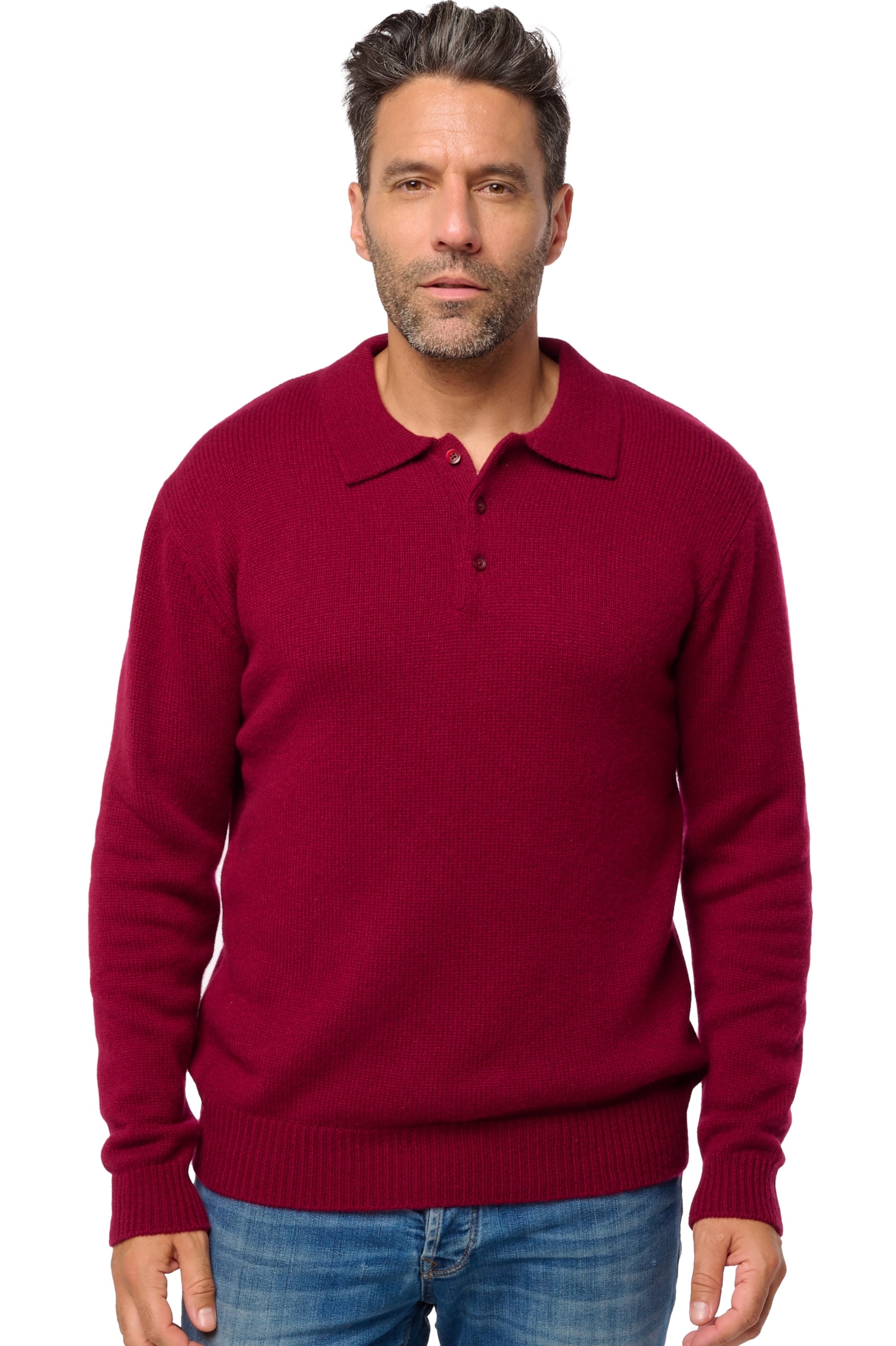 Polo en cachemire, 100 % Cachemire, homme, col col polo, fermeture à boutons, coupe droite, manches longues, grosse / 6 fils et +, tricot normal, Mahogany