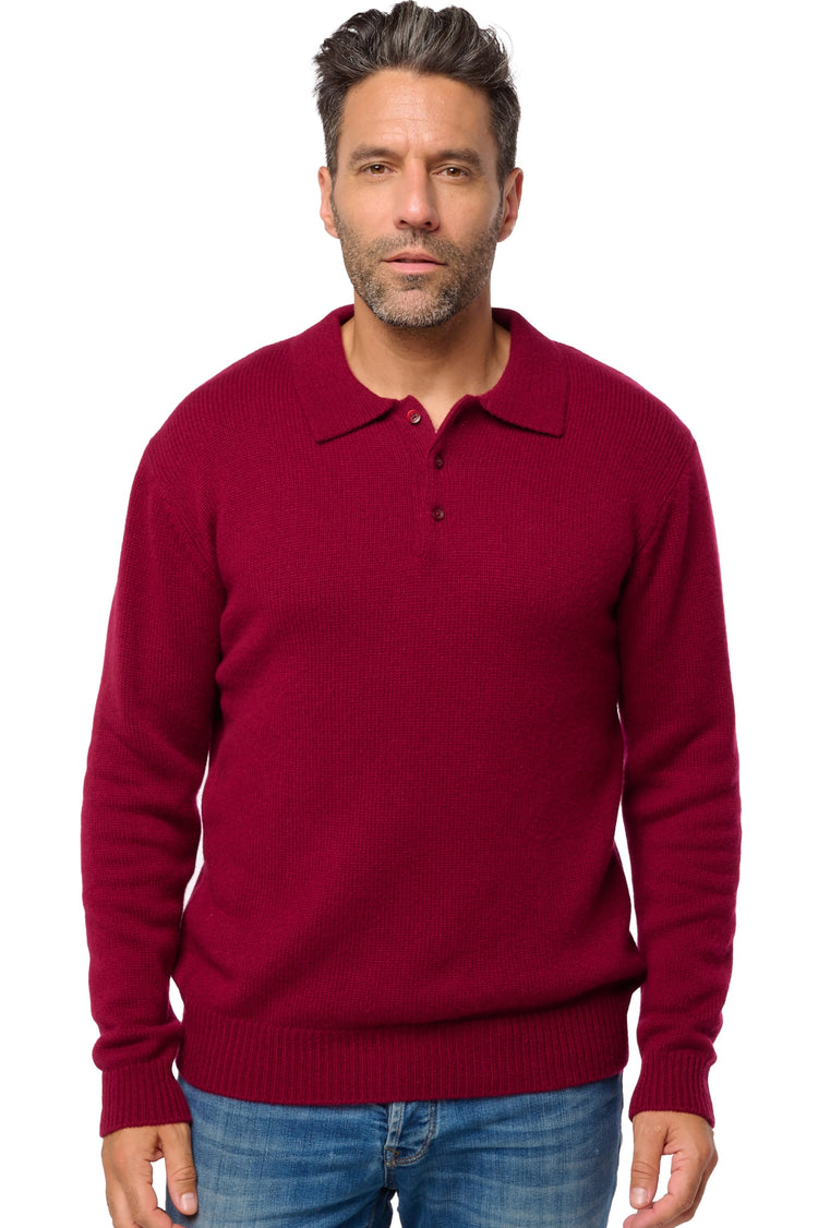 Polo en cachemire, 100 % Cachemire, homme, col col polo, fermeture à boutons, coupe droite, manches longues, grosse / 6 fils et +, tricot normal, Mahogany