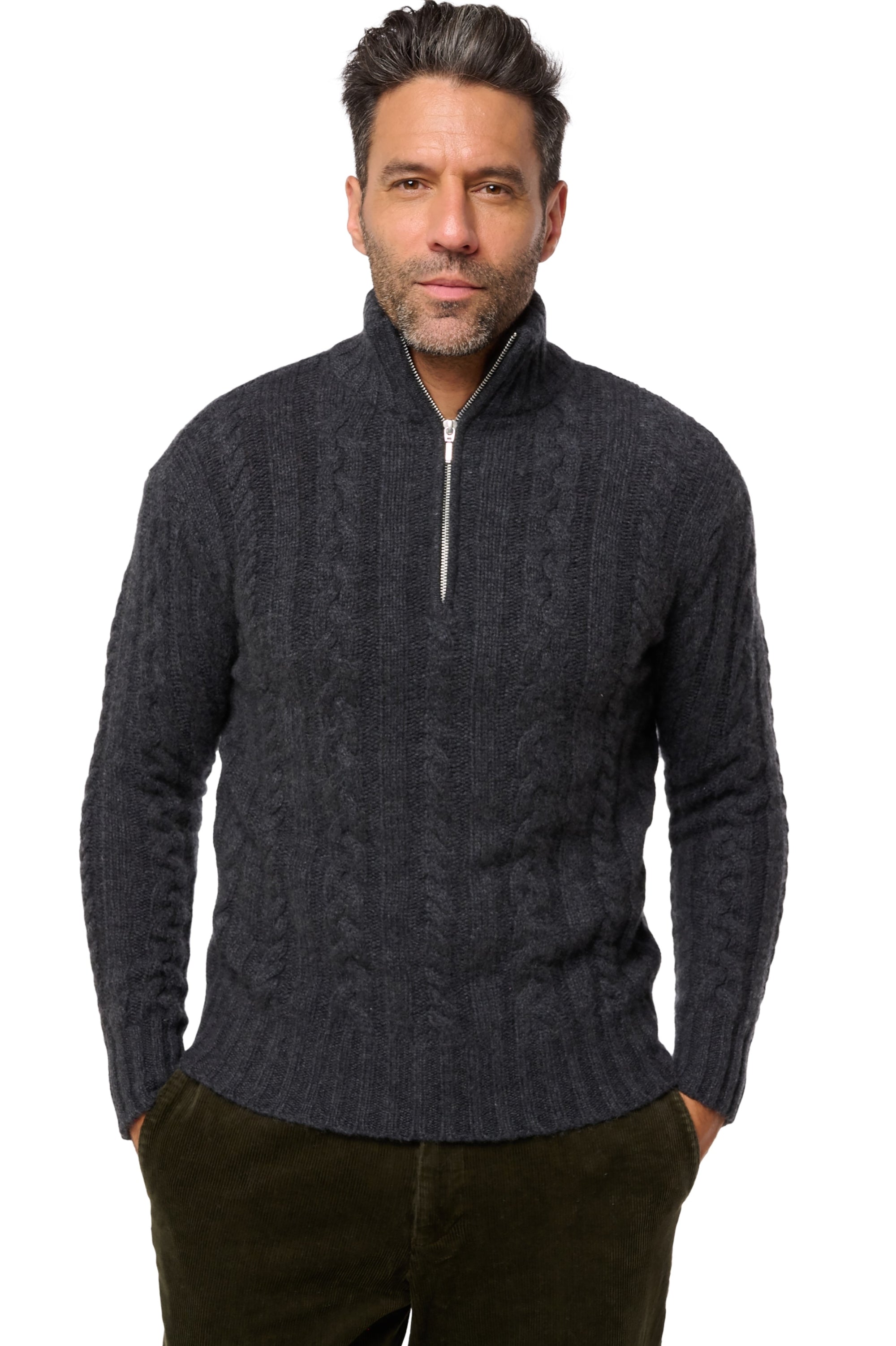 Pull en cachemire, 100 % Cachemire, homme, col col camioneur, fermeture zip, coupe droite, manches longues, grosse / 6 fils et +, torsade, Mahogany