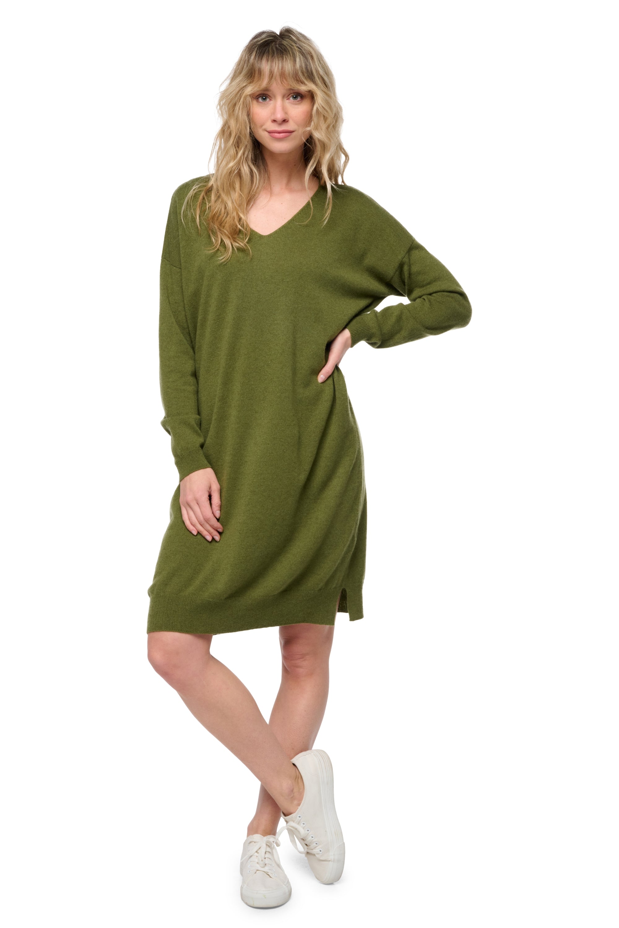 Robe en cachemire, 100 % Cachemire, femme, col col v, coupe ample, manches longues, normale / 2 et 4 fils, tricot normal, Mahogany