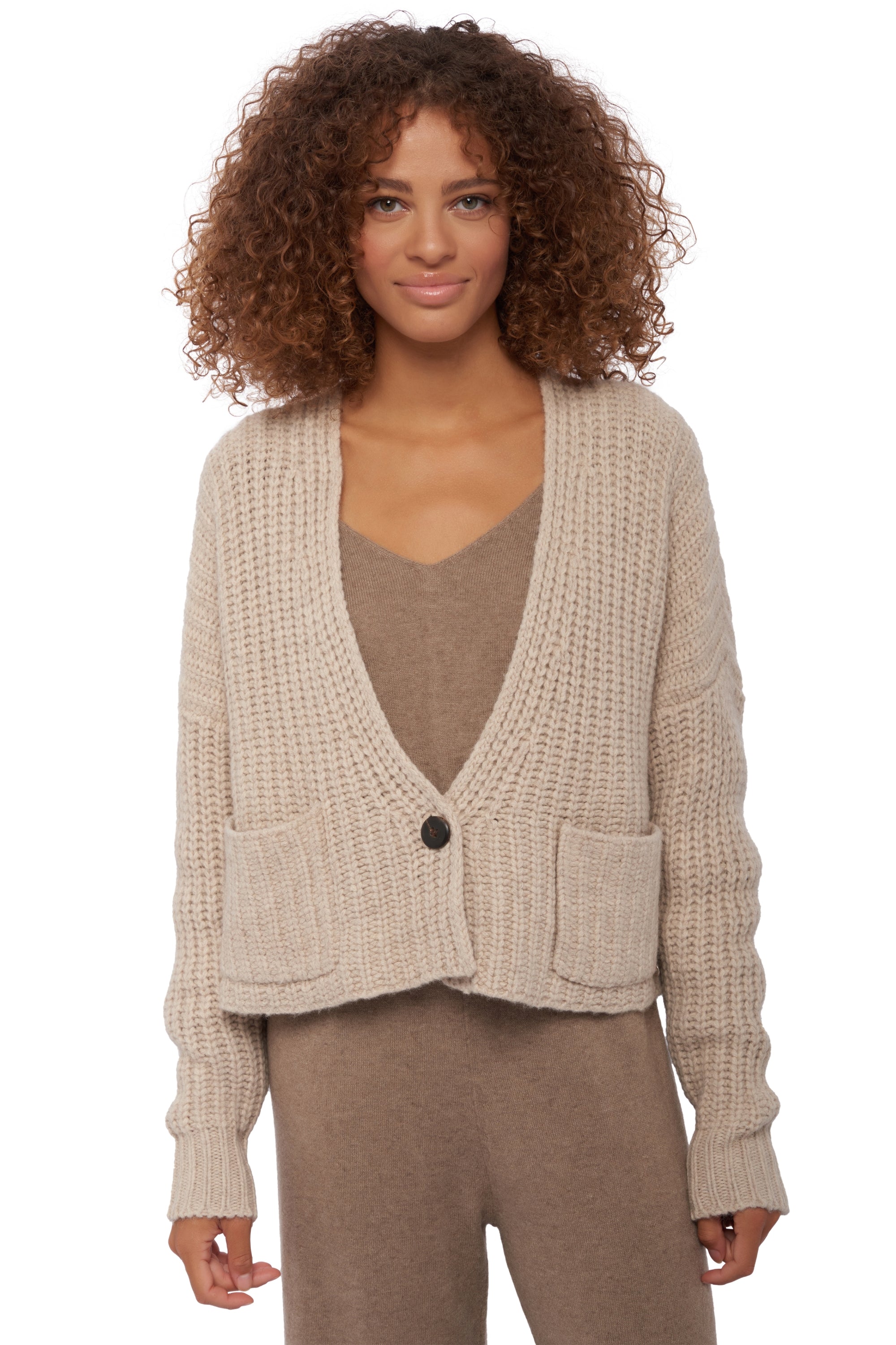 Gilet en yak, 100 % Yak, femme, col col v, fermeture à boutons, coupe oversize, manches longues, grosse / 6 fils et +, , Mahogany