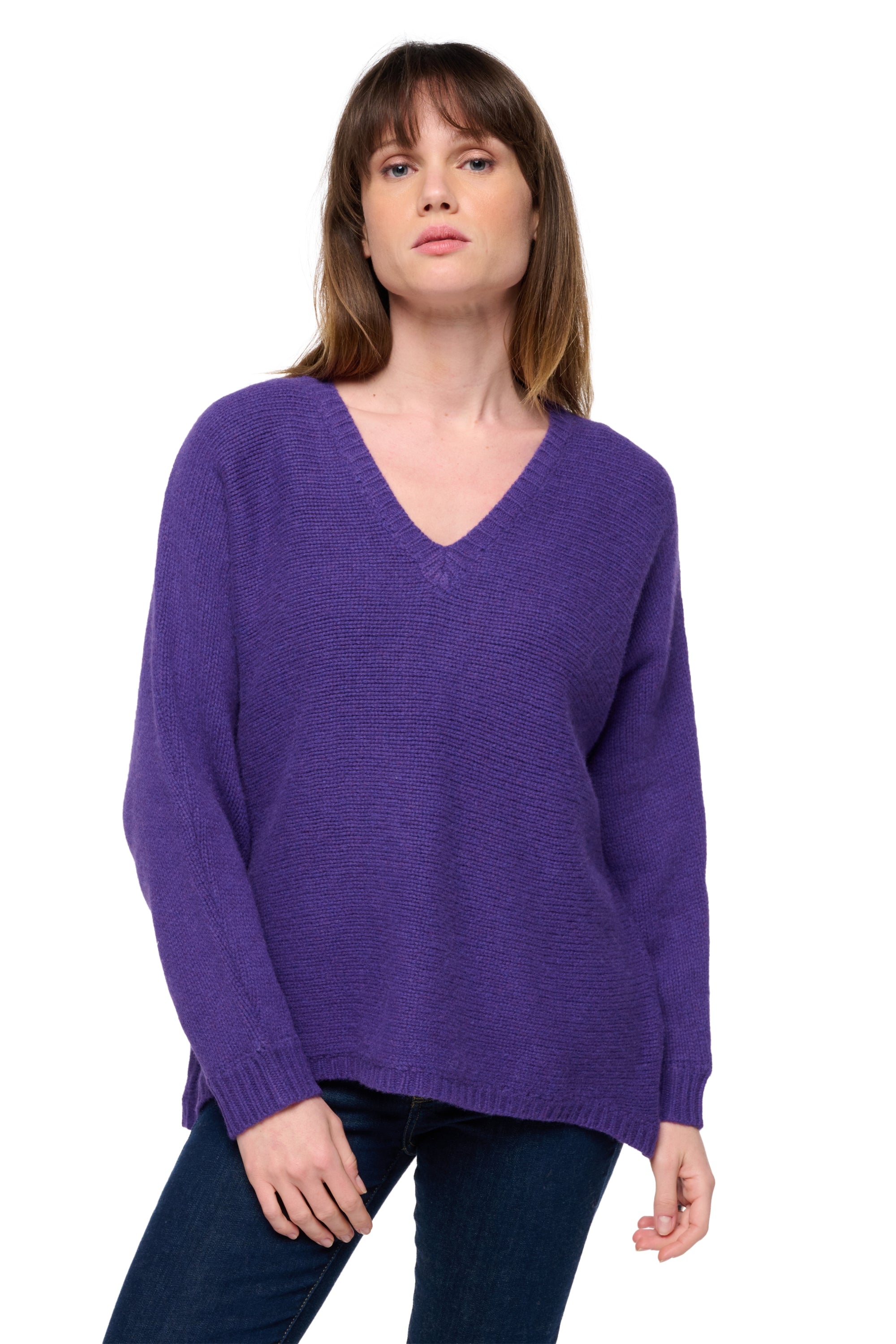 Pull en yak, 100 % Yak, femme, col col v, coupe oversize, manches longues, grosse / 6 fils et +, , Mahogany