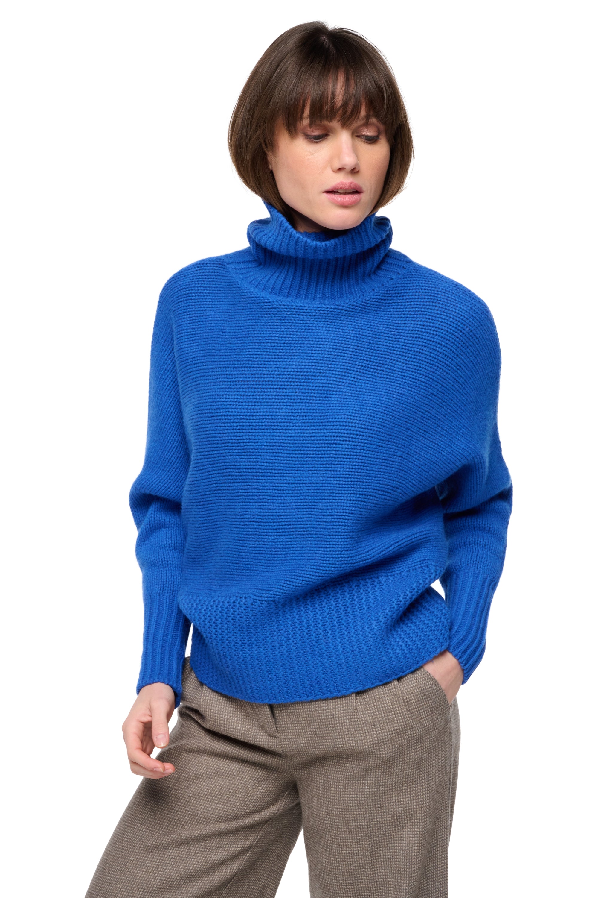 Pull en yak, 100 % Yak, femme, col col roulé, coupe ample, manches longues, grosse / 6 fils et +, côtelé, Mahogany