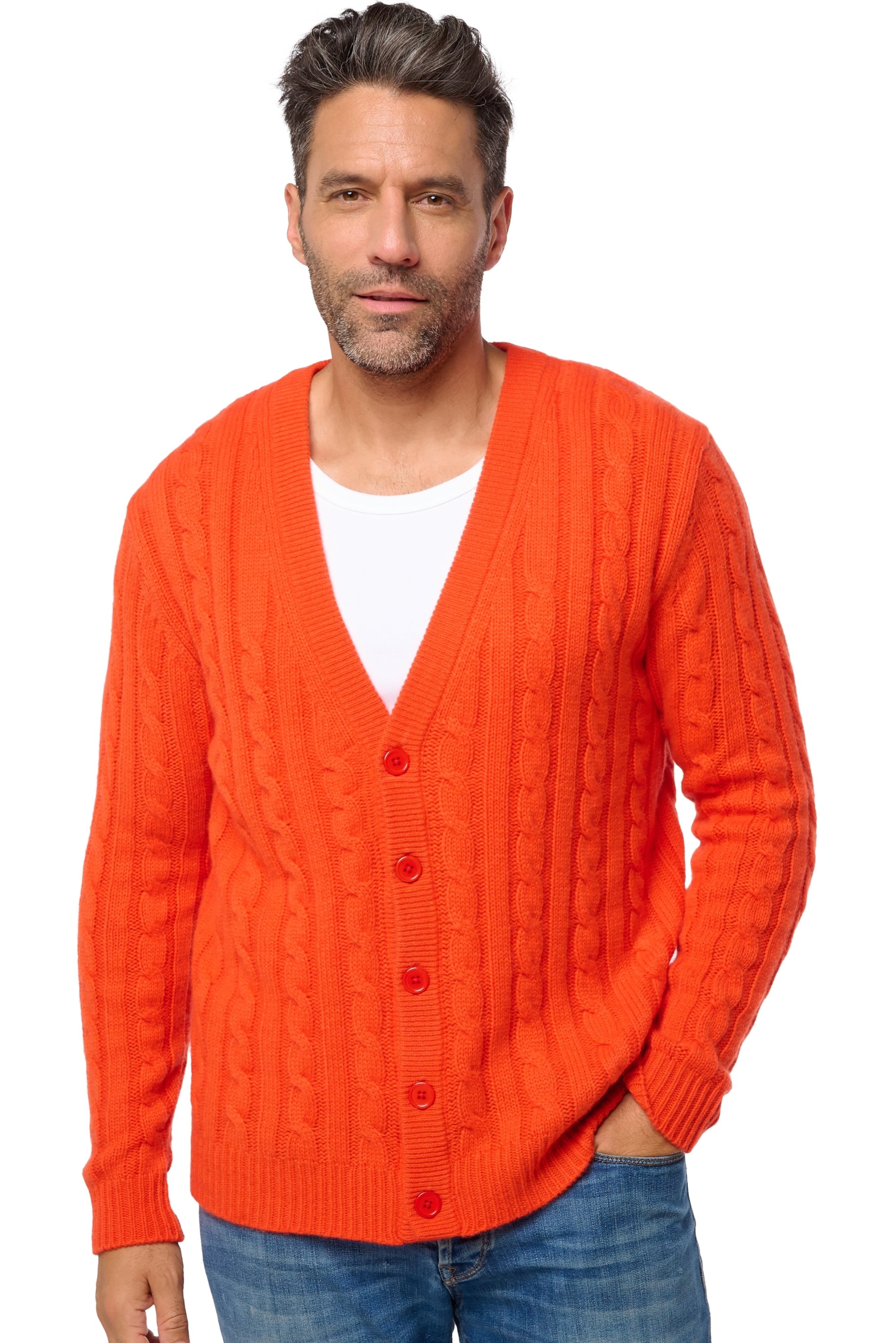 Cardigan en cachemire, 100 % Cachemire, homme, col col v, fermeture à boutons, coupe droite, manches longues, grosse / 6 fils et +, torsade, Mahogany