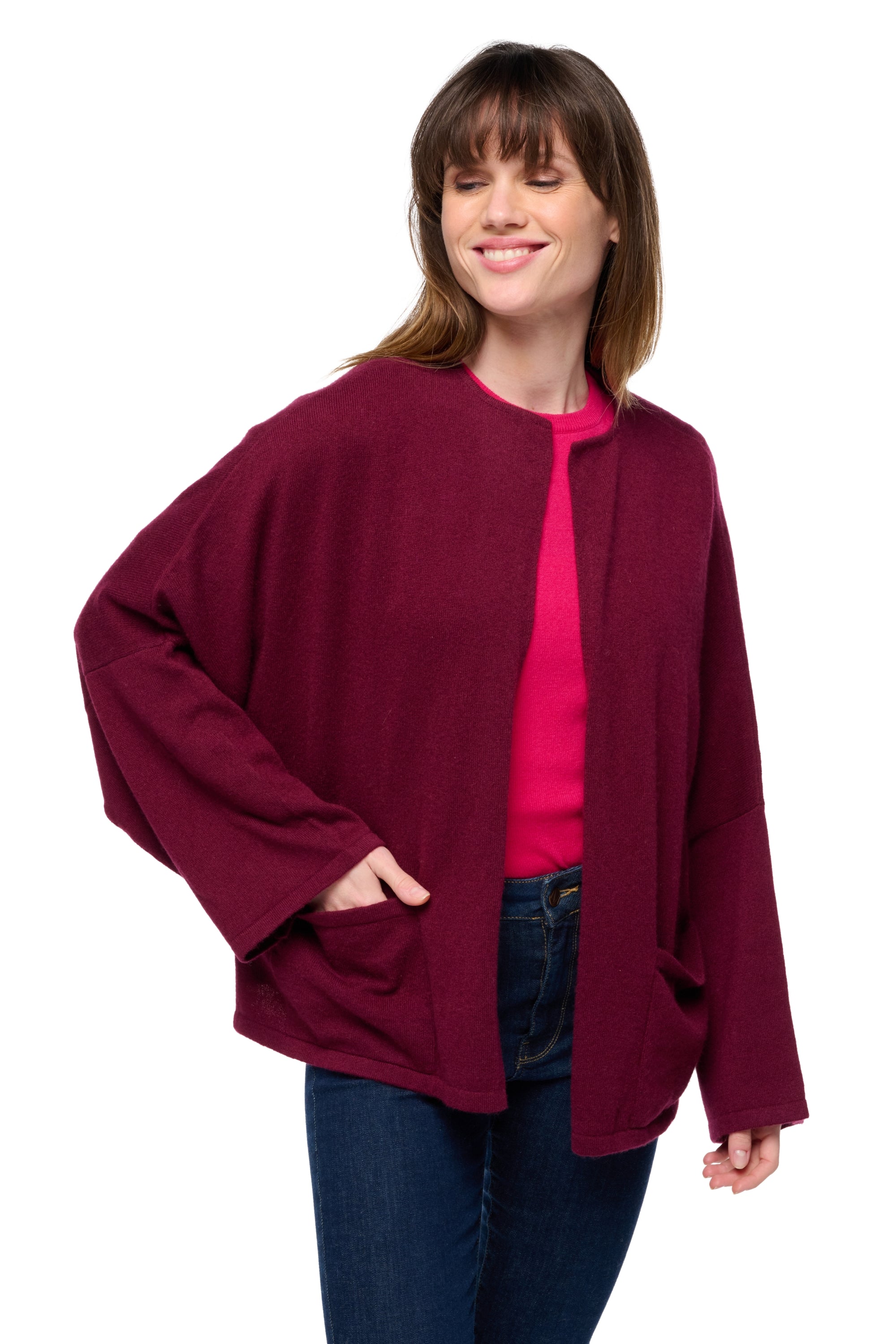 Gilet en cachemire, 100 % Cachemire, femme, col col rond, coupe oversize, manches longues, fine, , Mahogany