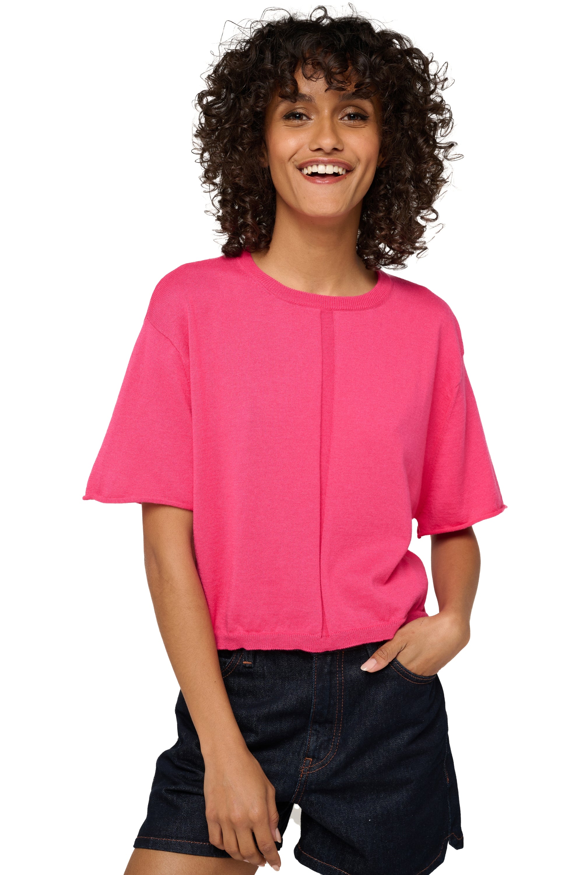 Tshirt en cachemire et coton, 85 % Coton / 15 % Cachemire, femme, col col rond, coupe droite, manches courtes, fine, , Mahogany