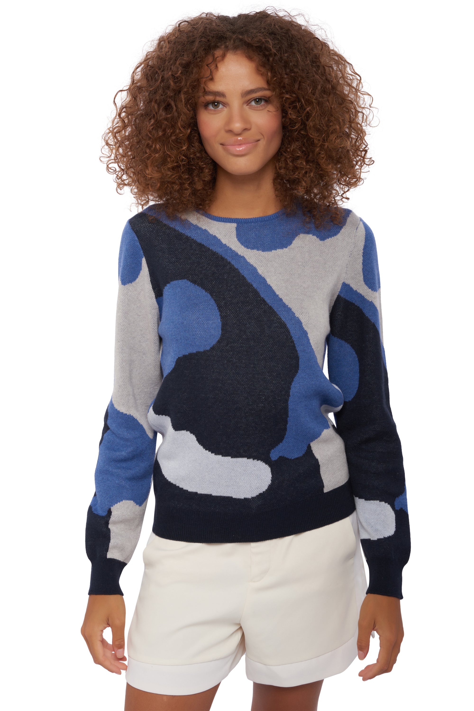 Sweatshirt en cachemire et coton, 85 % Coton / 15 % Cachemire, femme, col col rond, manches longues, camouflage, Mahogany