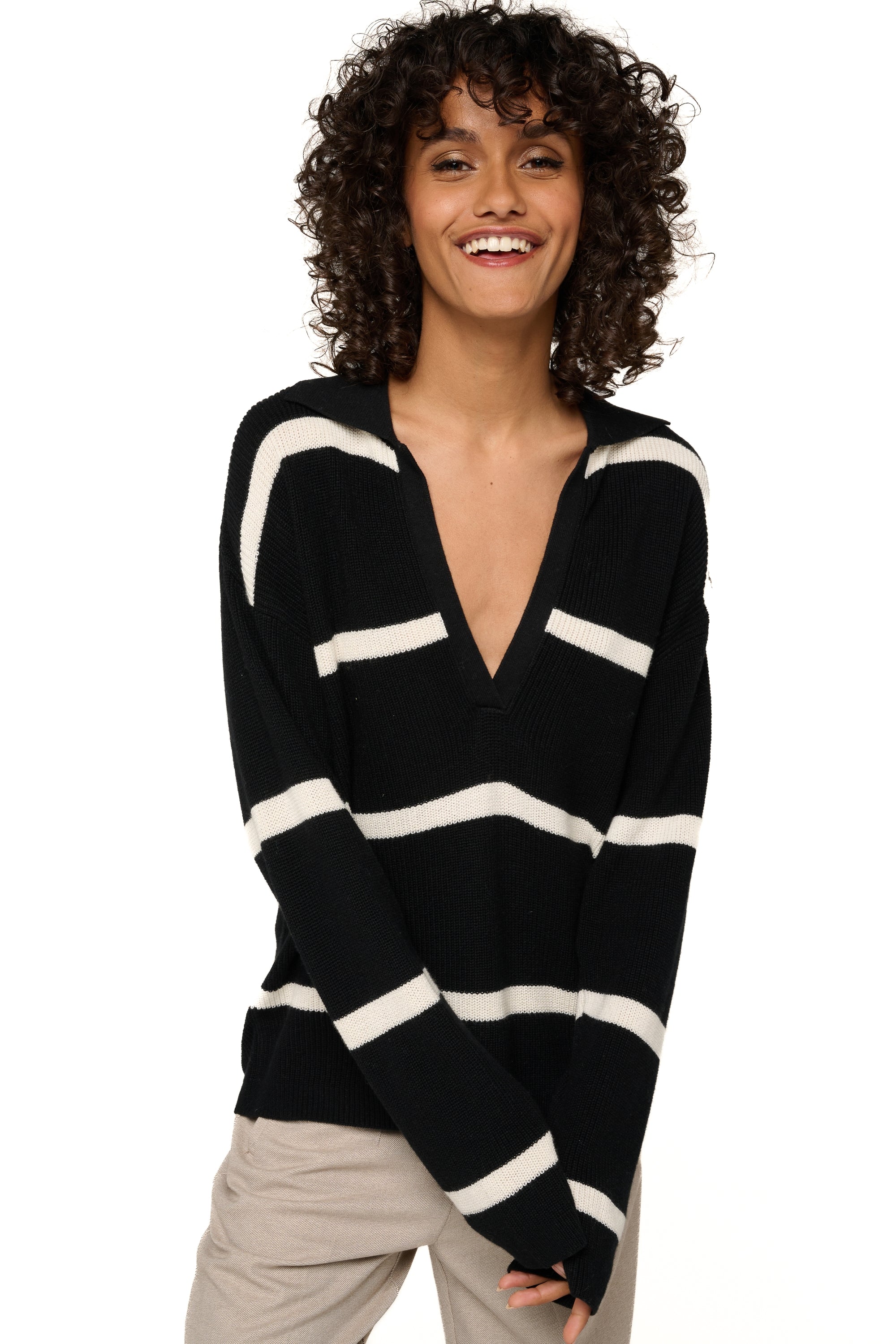 Polo en cachemire et coton, 85 % Coton / 15 % Cachemire, femme, col col v, coupe droite, manches longues, rayures, fine, , Mahogany
