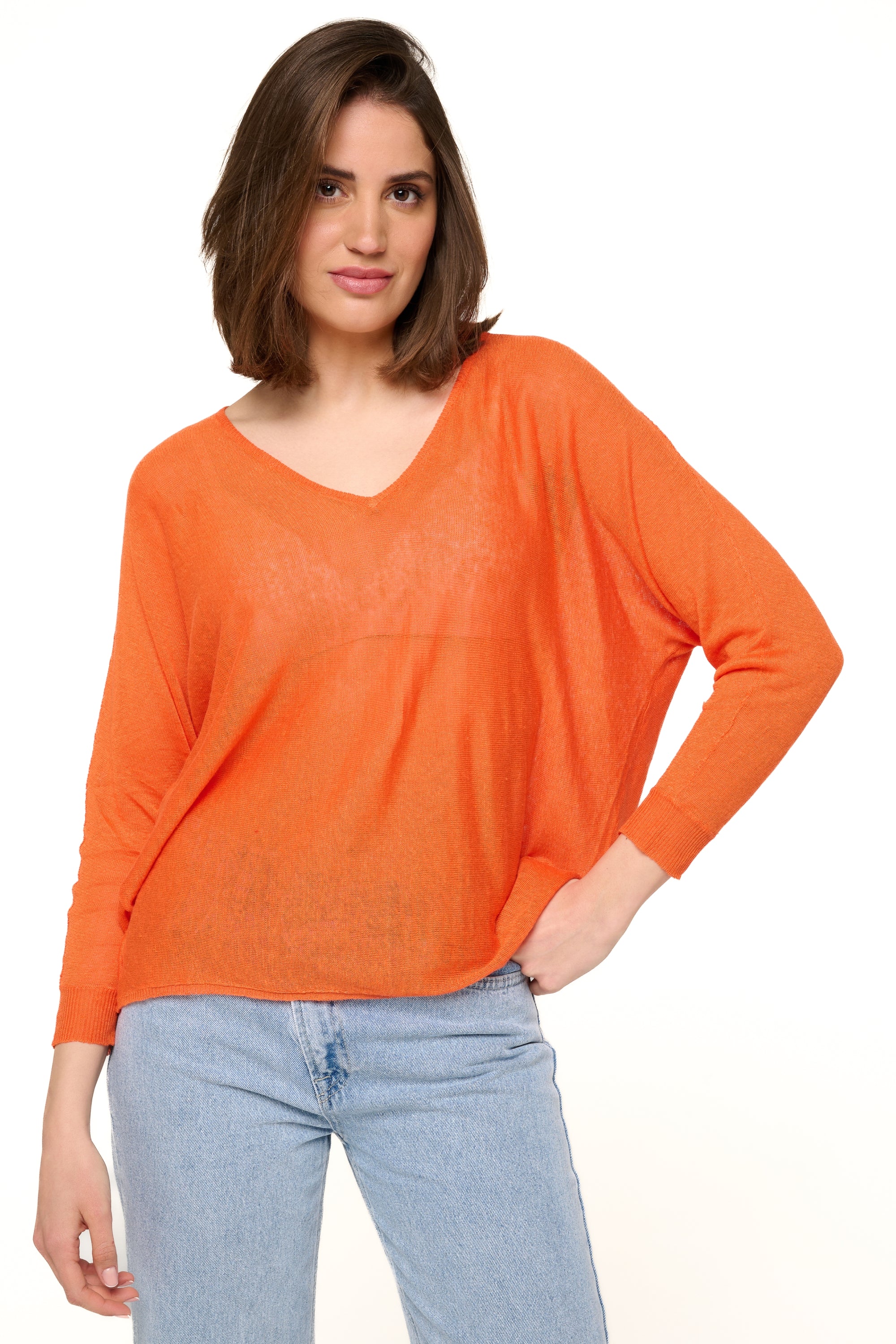 Pull en lin, 100 % Lin, femme, col col v, coupe droite, manches longues, fine, Mahogany