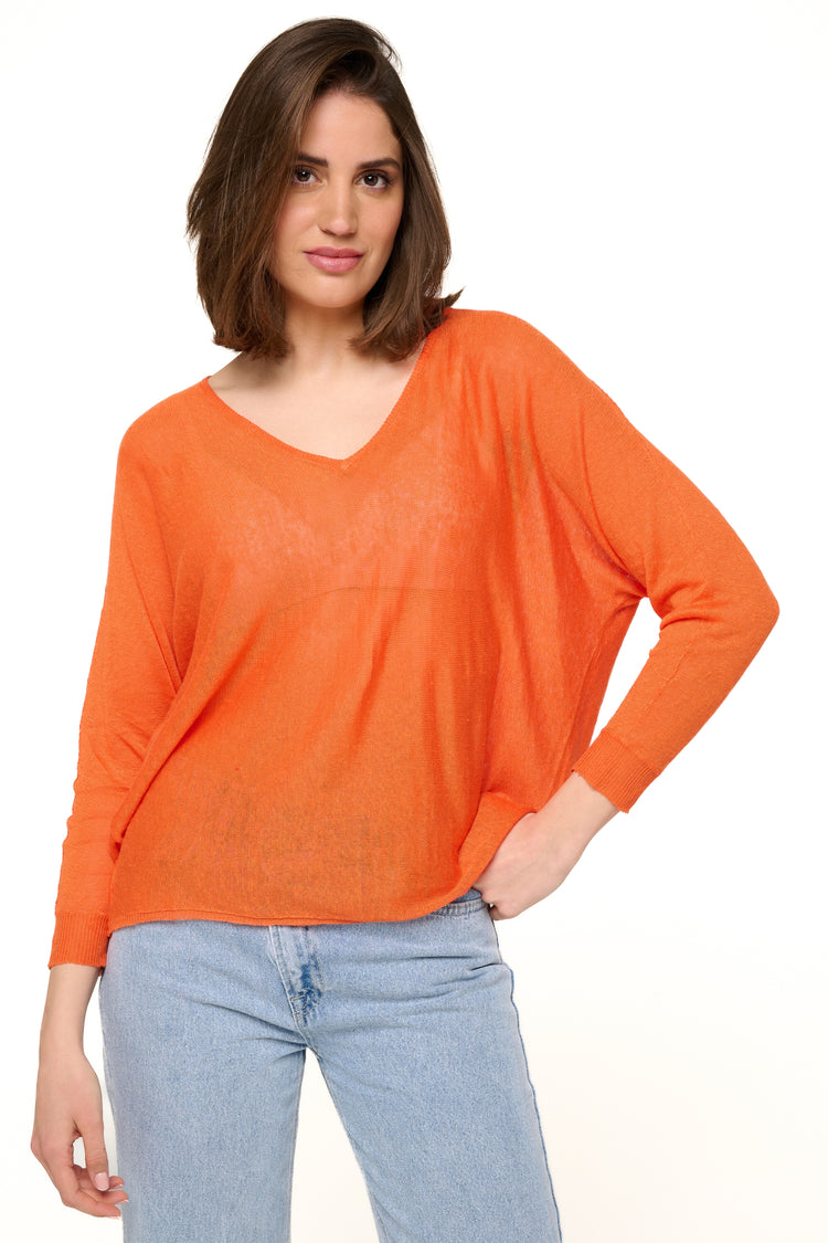 Pull en lin, 100 % Lin, femme, col col v, coupe droite, manches longues, fine, Mahogany