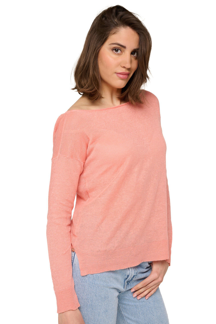 Pull en lin, 100 % Lin, femme, col col bâteau, coupe droite, manches longues, fine, Mahogany