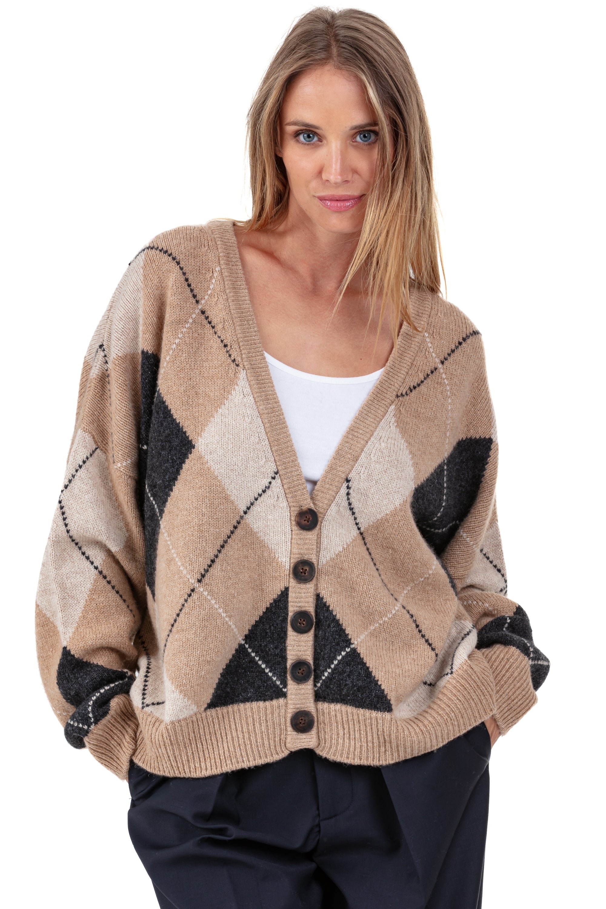 Gilet en chameau, 100 % Chameau, femme, col col v, fermeture à boutons, coupe oversize, manches longues, graphique, fine, , Mahogany