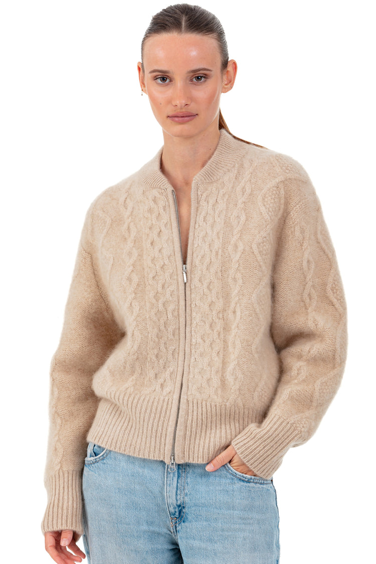 Veste en cocoon cachemire, 100 % Cachemire brossé, femme, col col rond, fermeture zip, coupe oversize, manches longues, grosse / 6 fils et +, torsade, Mahogany