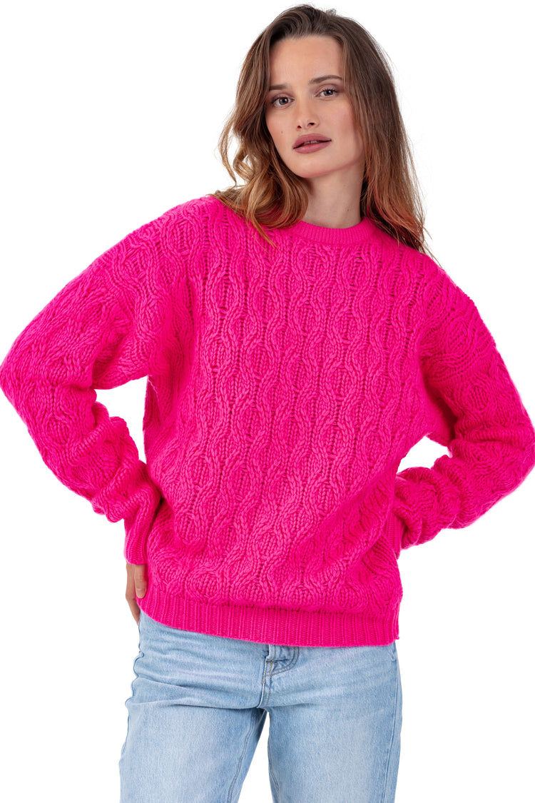 Pull en cachemire, 100 % Cachemire, femme, col col rond, coupe droite, manches longues, grosse / 6 fils et +, torsade, Mahogany