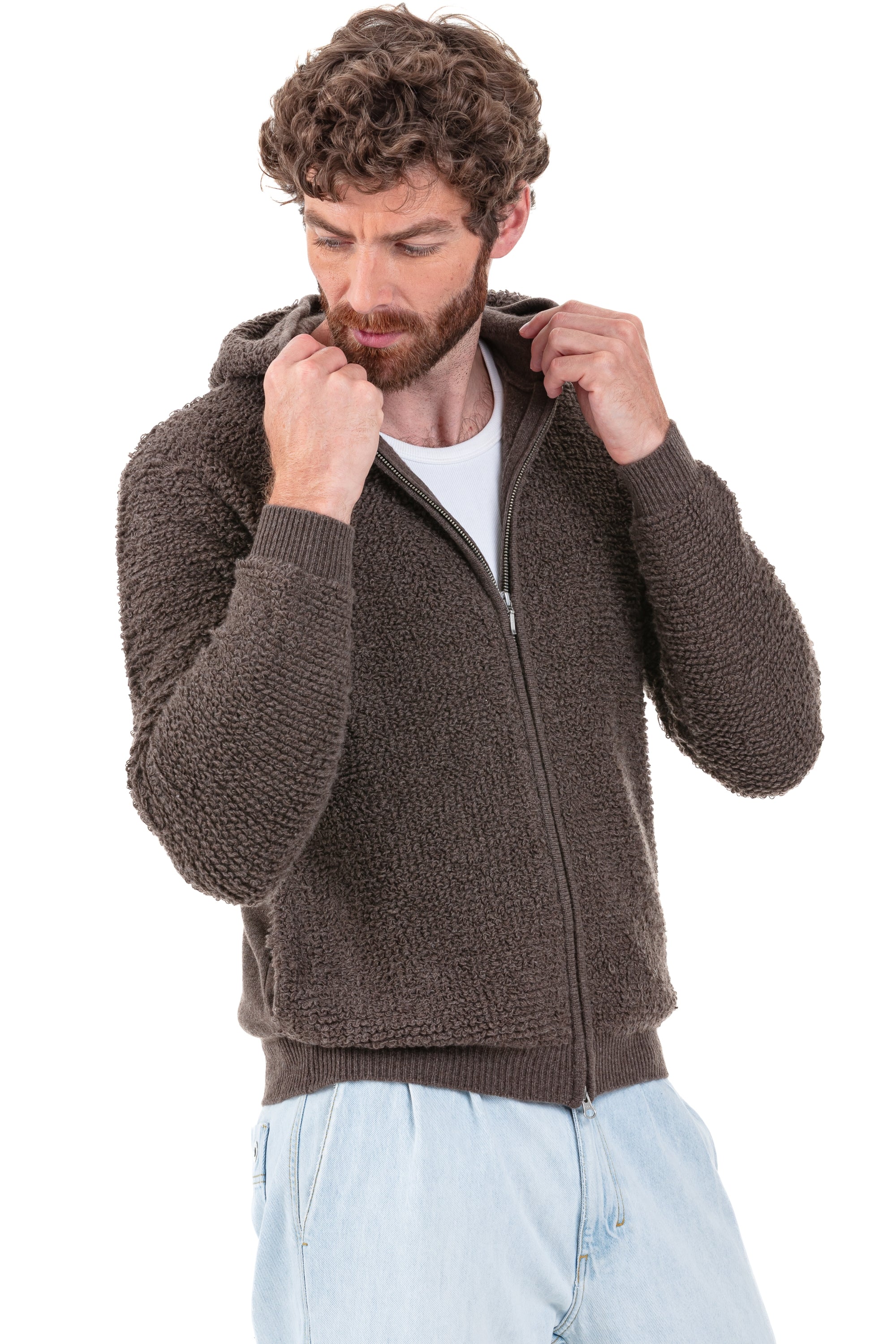 Gilet en cachemire, 100 % Cachemire, homme, capuche, fermeture zip, coupe droite, manches longues, grosse / 6 fils et +, , Mahogany