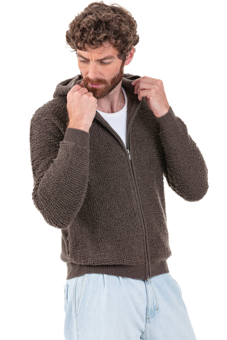 Gilet en cachemire, 100 % Cachemire, homme, capuche, fermeture zip, coupe droite, manches longues, grosse / 6 fils et +, , Mahogany