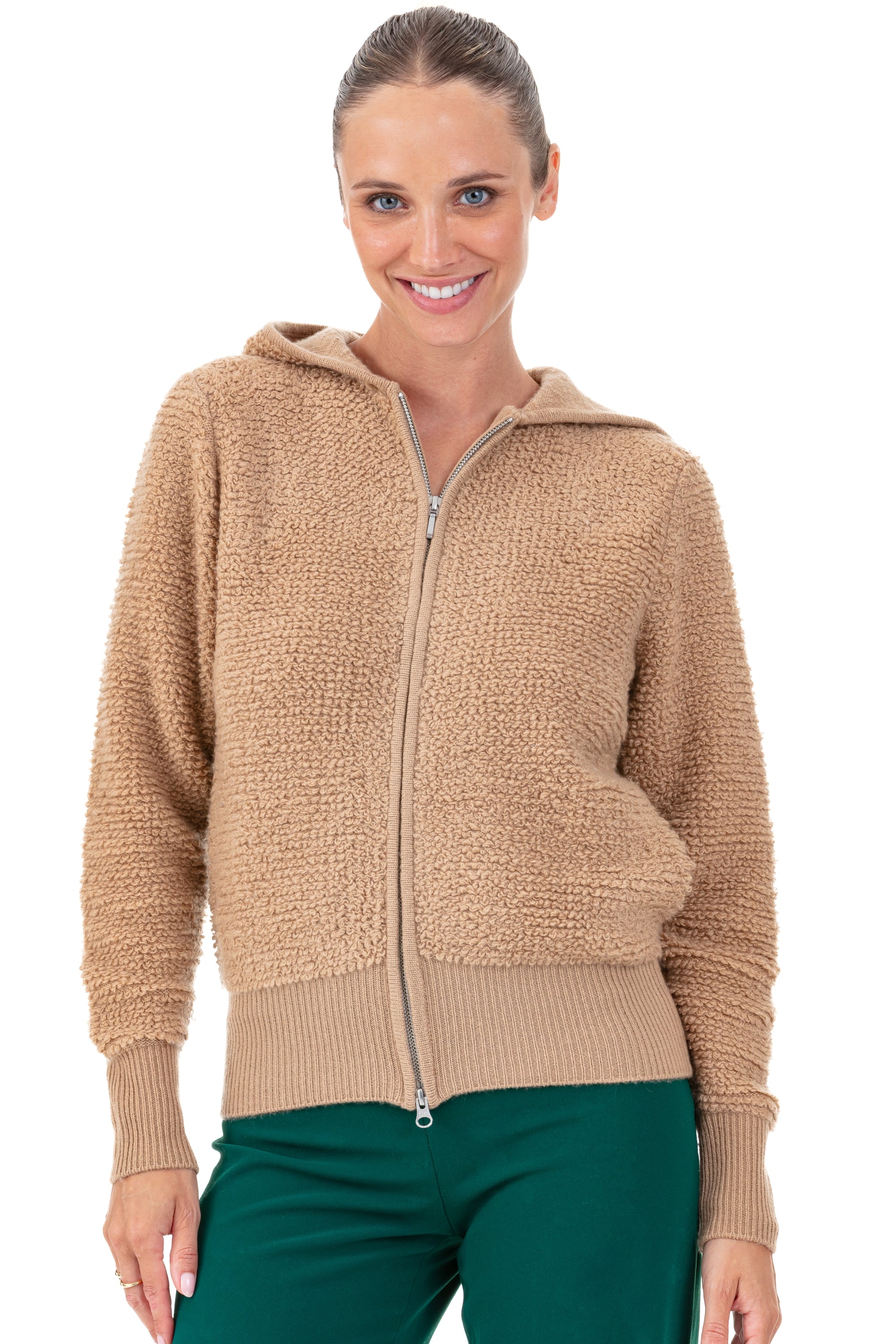Gilet en cachemire, 100 % Cachemire, femme, capuche, fermeture zip, coupe droite, manches longues, grosse / 6 fils et +, , Mahogany