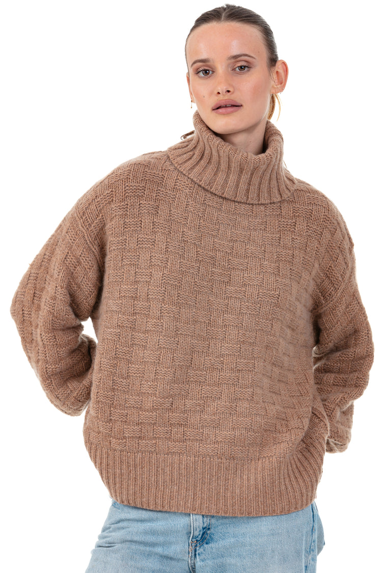 Pull en cachemire, 100 % Cachemire, femme, col col roulé, coupe oversize, manches longues, graphique, grosse / 6 fils et +, torsade, Mahogany