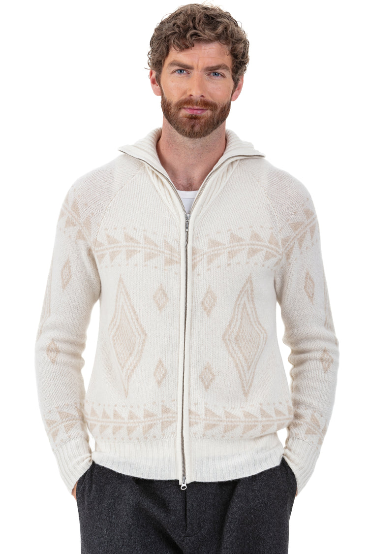 Cardigan en cachemire, 100 % Cachemire, homme, col col camioneur, fermeture zip, coupe droite, manches longues, graphique, normale / 2 et 4 fils, jacquard, Mahogany