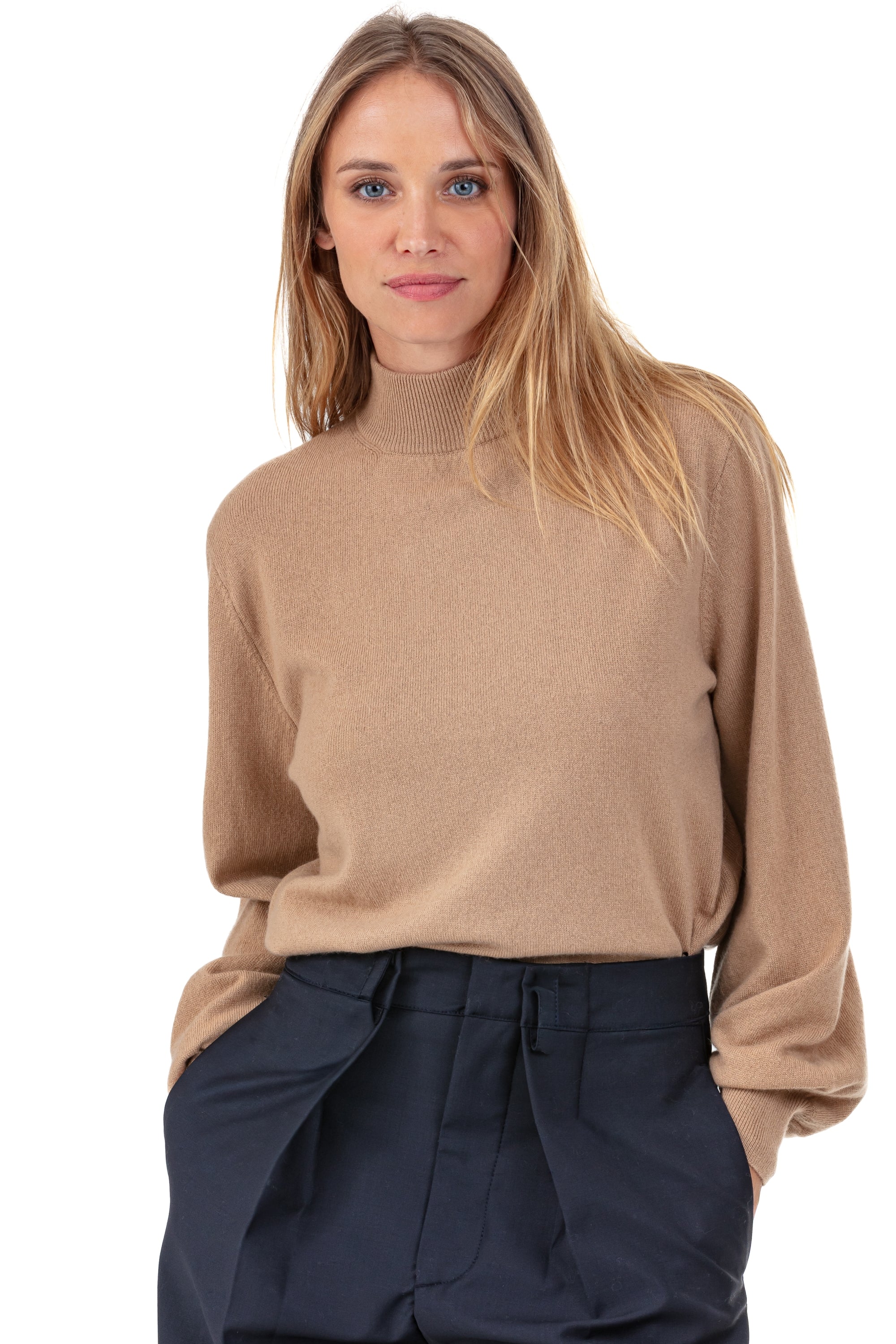 Pull en cachemire, 100 % Cachemire, femme, col col montant / col cheminée, coupe droite, manches ballon, normale / 2 et 4 fils, tricot normal, Mahogany
