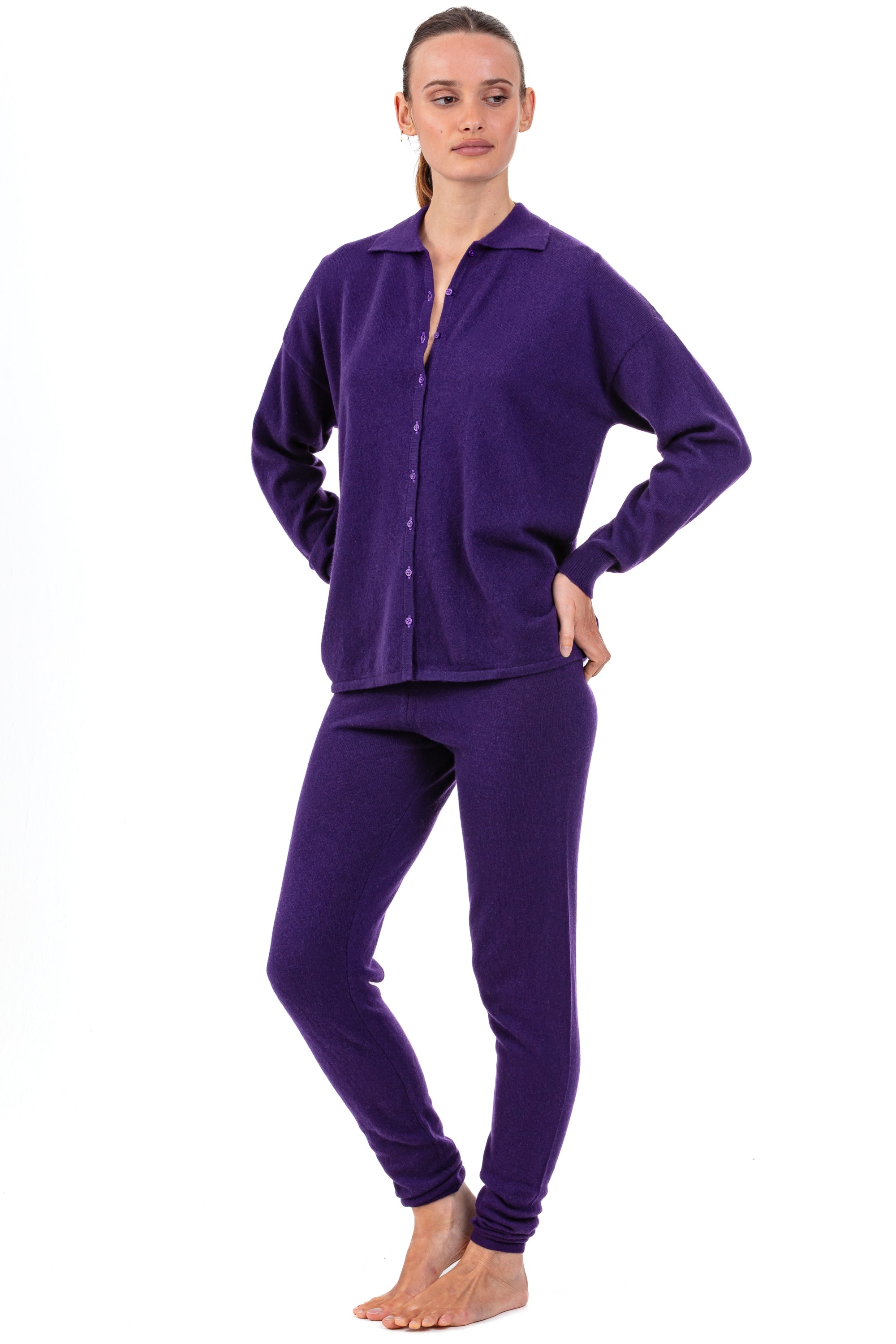 Pyjama en cachemire, 100 % Cachemire, femme, col col polo, fermeture à boutons, coupe ample, manches longues, normale / 2 et 4 fils, tricot normal, Mahogany