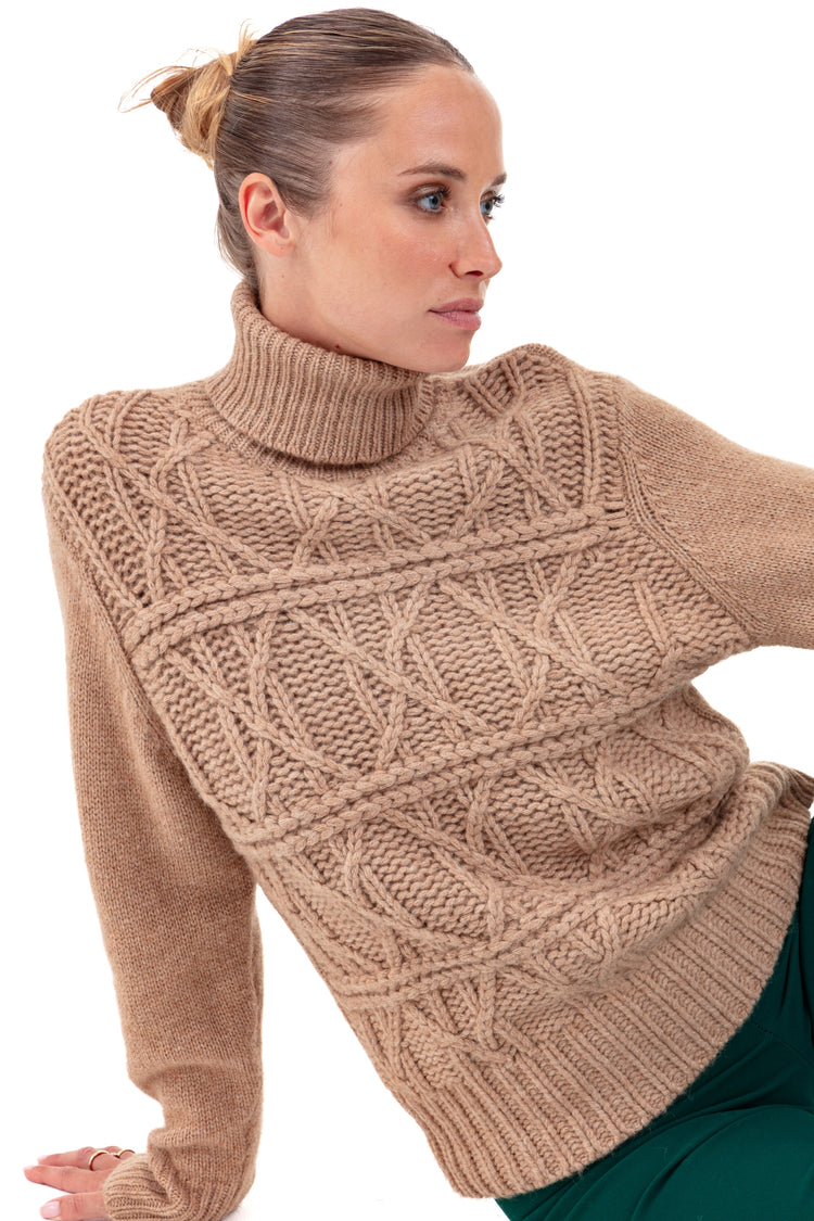 Pull en chameau, 100 % Chameau, femme, col col roulé, coupe droite, manches longues, graphique, grosse / 6 fils et +, torsade, Mahogany