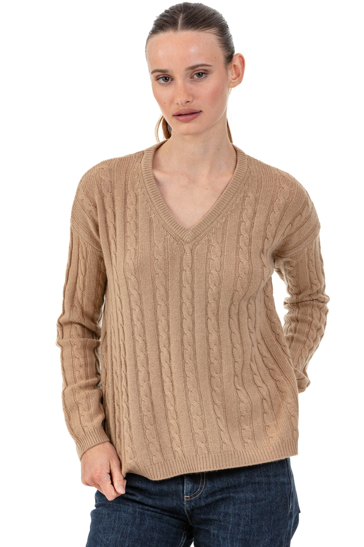 Pull en cachemire, 100 % Cachemire, femme, col col v, coupe droite, manches longues, fine, torsade, Mahogany
