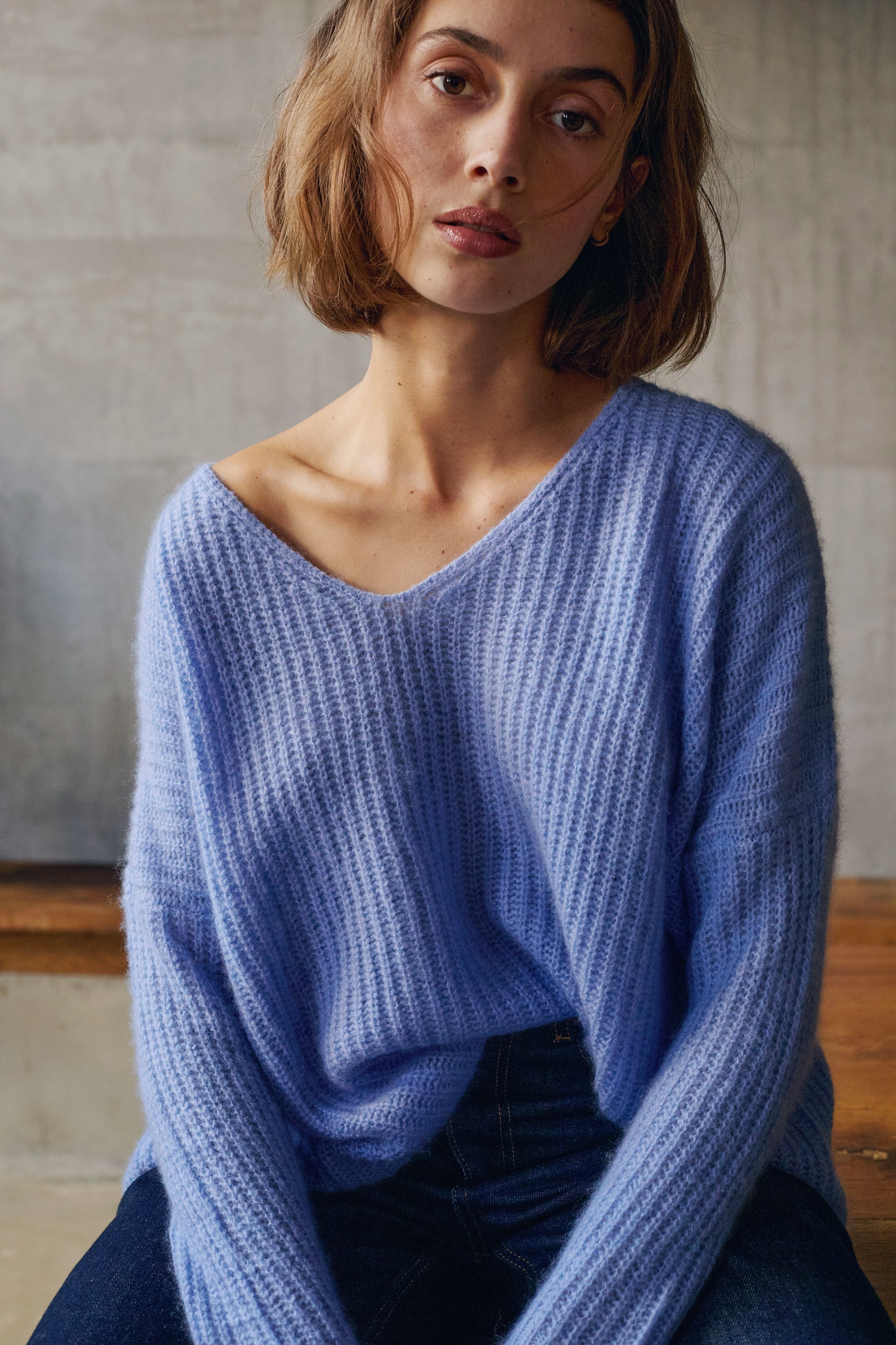 Pull en cachemire, 100 % Cachemire Nuage, femme, col col v, coupe oversize, manches longues, grosse / 6 fils et +, tricot déjaugé, Mahogany
