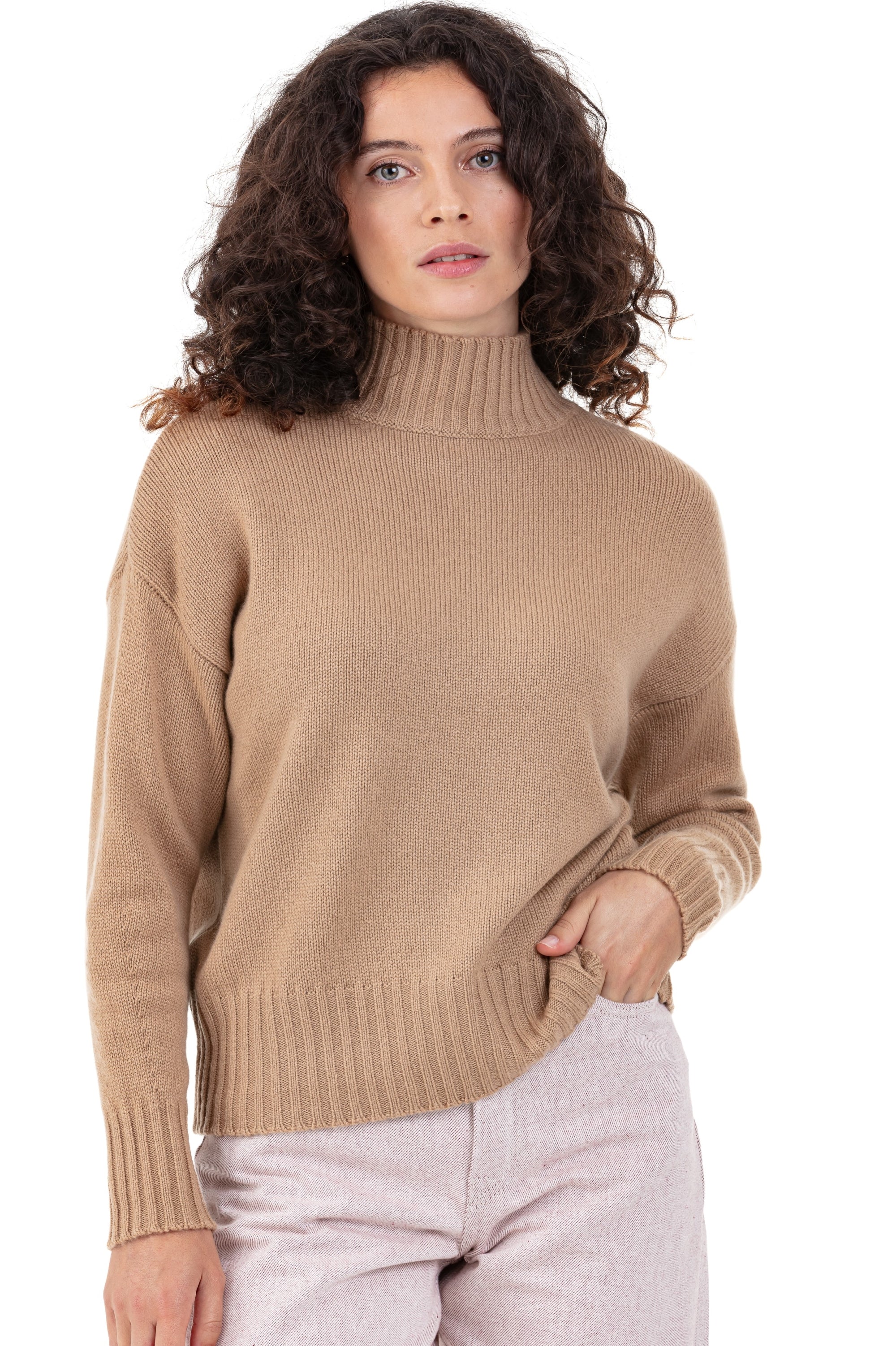 Pull en cachemire, 100 % Cachemire, femme, col col montant / col cheminée, coupe ample, manches longues, grosse / 6 fils et +, tricot normal, Mahogany