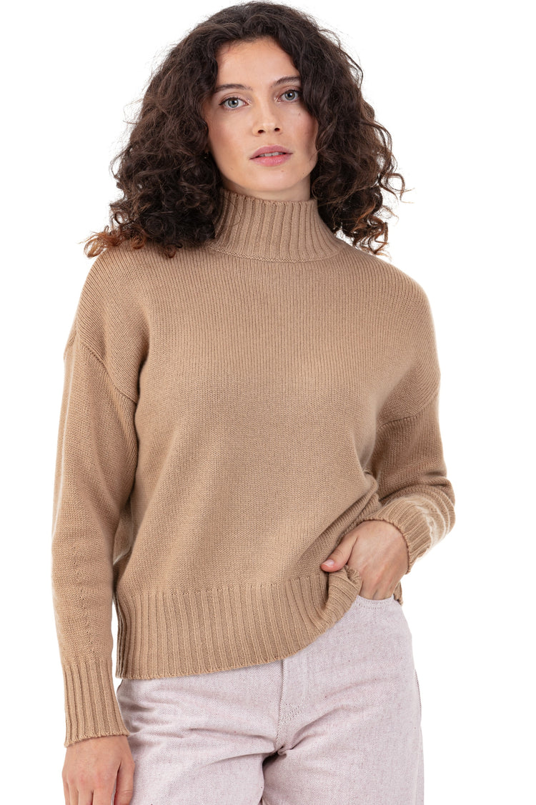 Pull en cachemire, 100 % Cachemire, femme, col col montant / col cheminée, coupe ample, manches longues, grosse / 6 fils et +, tricot normal, Mahogany