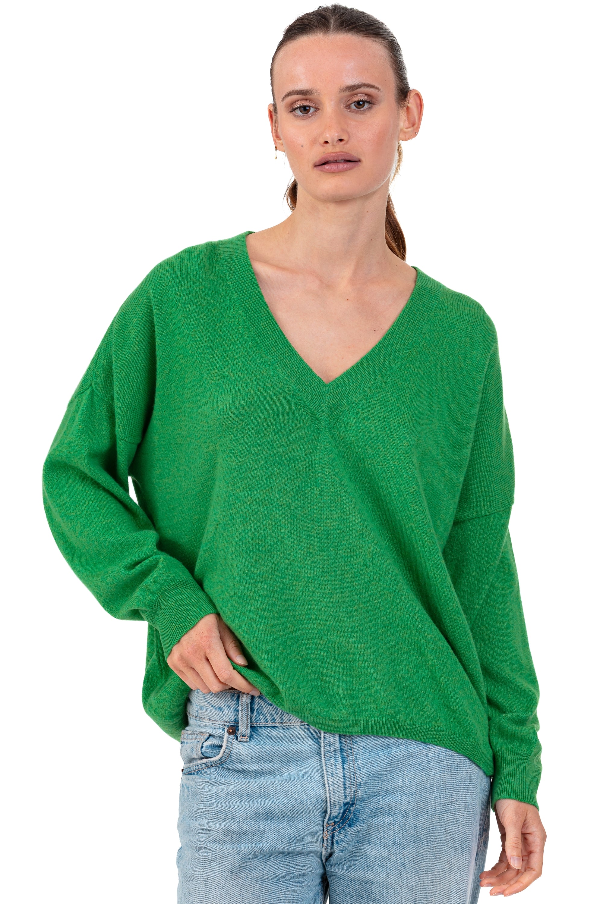 Pull en cachemire, 100 % Cachemire, femme, col col v, coupe ample, manches longues, normale / 2 et 4 fils, tricot normal, Mahogany