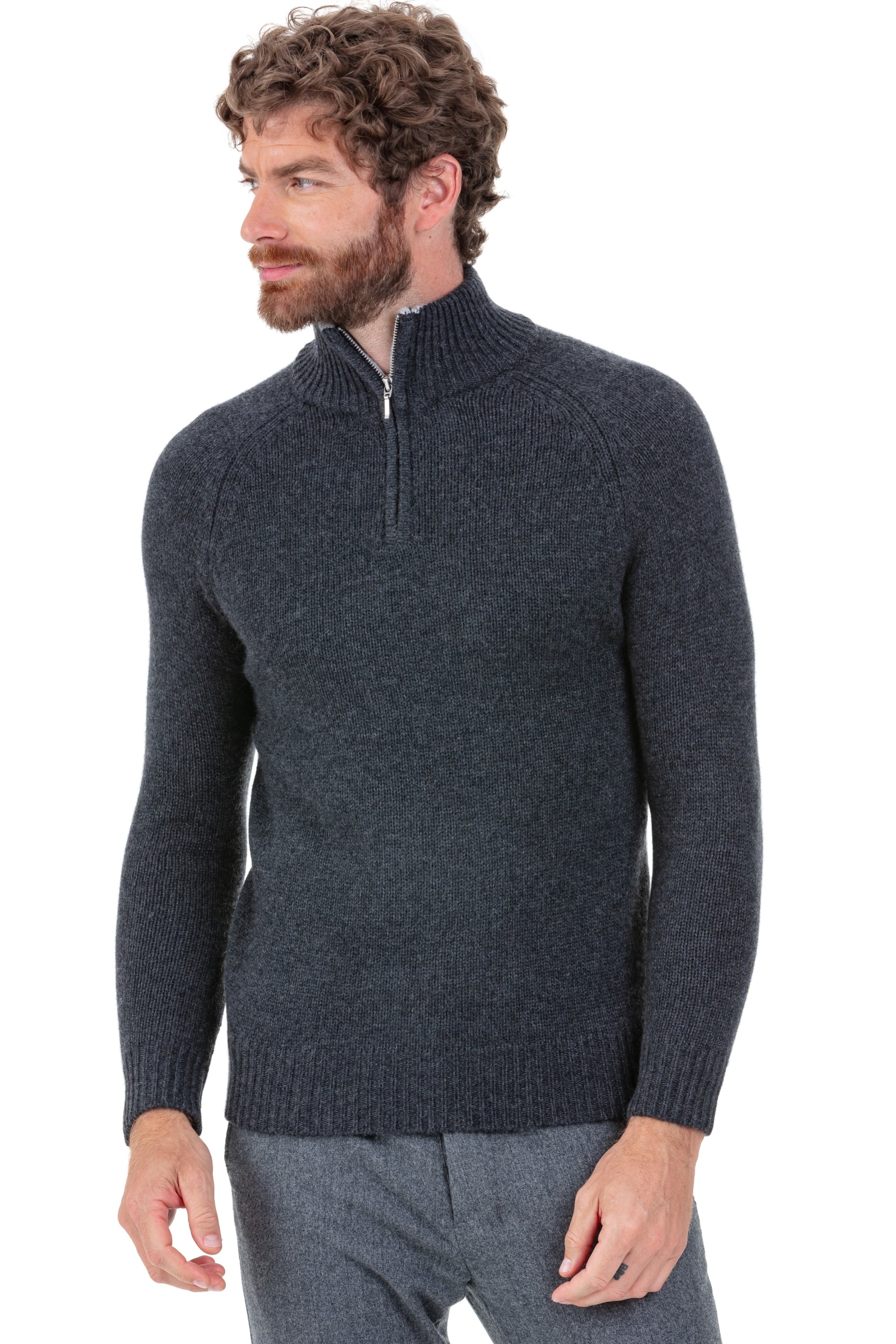 Pull en cachemire, 100 % Cachemire, homme, col col camioneur, fermeture zip, coupe droite, manches longues, grosse / 6 fils et +, tricot normal, Mahogany