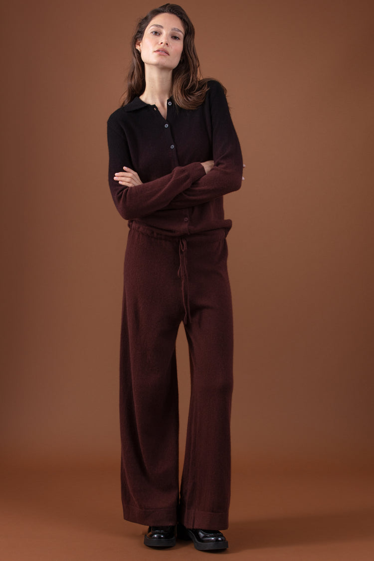 Pantalon en cachemire, 100 % Cachemire, femme, col , fermeture à boutons, coupe droite, manches longues, , fine, , Mahogany