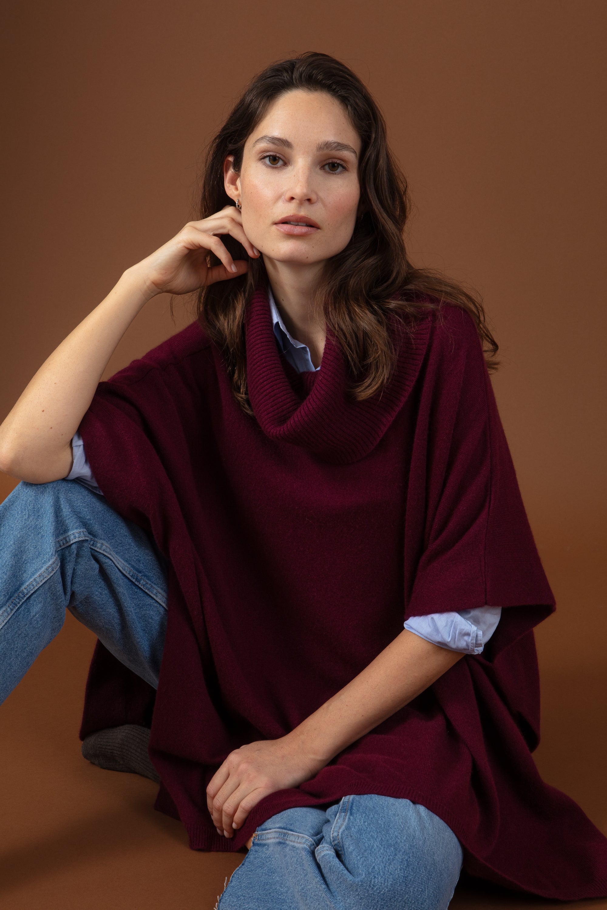 Pull en cachemire, 100 % Cachemire, femme, col col roulé, coupe oversize, manches trois quart, fine, , Mahogany