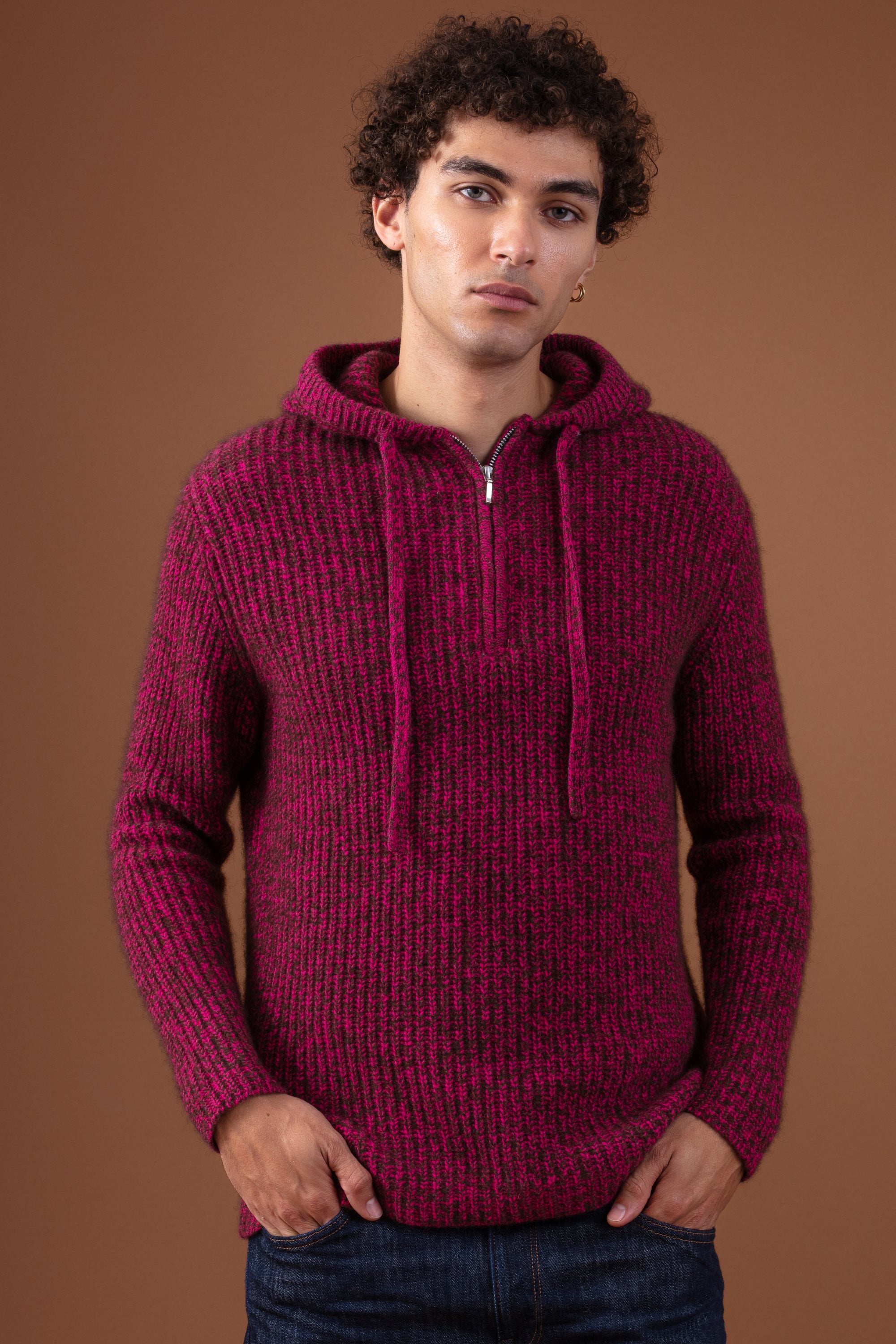 Pull en yak, 100 % Yak, homme, capuche, fermeture zip, coupe droite, manches longues, grosse / 6 fils et +, , Mahogany