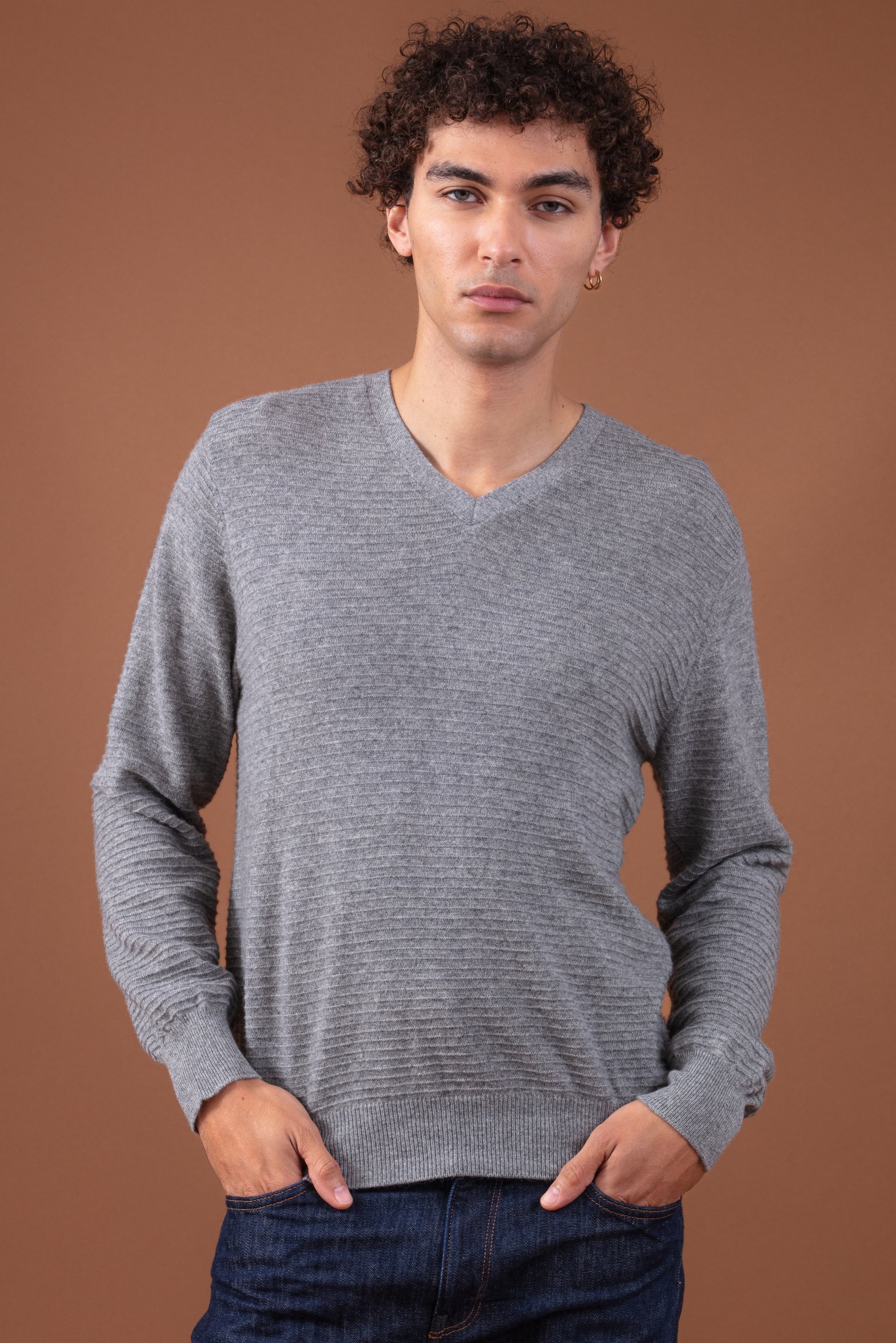 Pull en cachemire, 100 % Cachemire, homme, col col v, coupe droite, manches longues, rayures, fine, , Mahogany