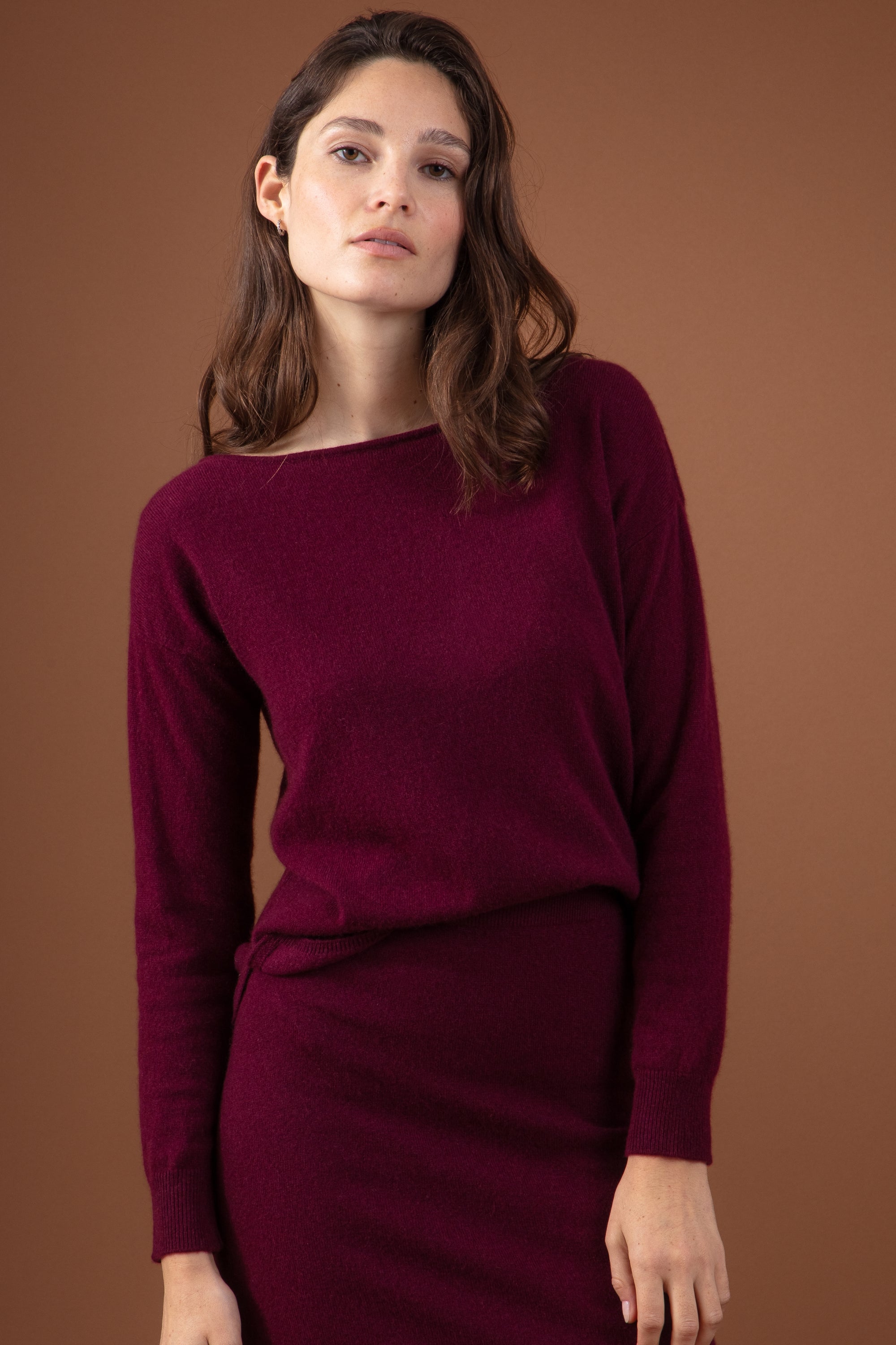 Pull en cachemire, 100 % Cachemire, femme, col col v, coupe droite, manches longues, fine, , Mahogany