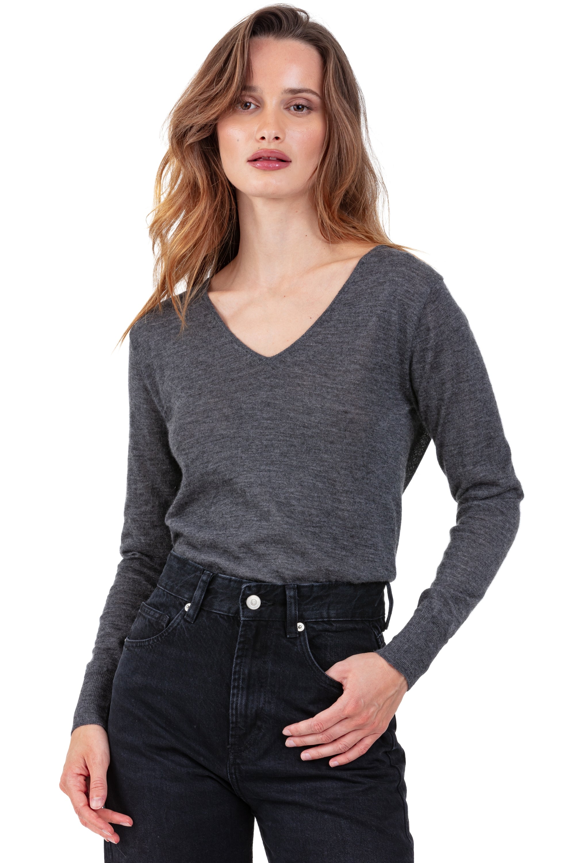 Pull en duvet de cachemire, 100 % duvet de Cachemire, femme, col col v, coupe droite, manches longues, fine, tricot normal, Mahogany