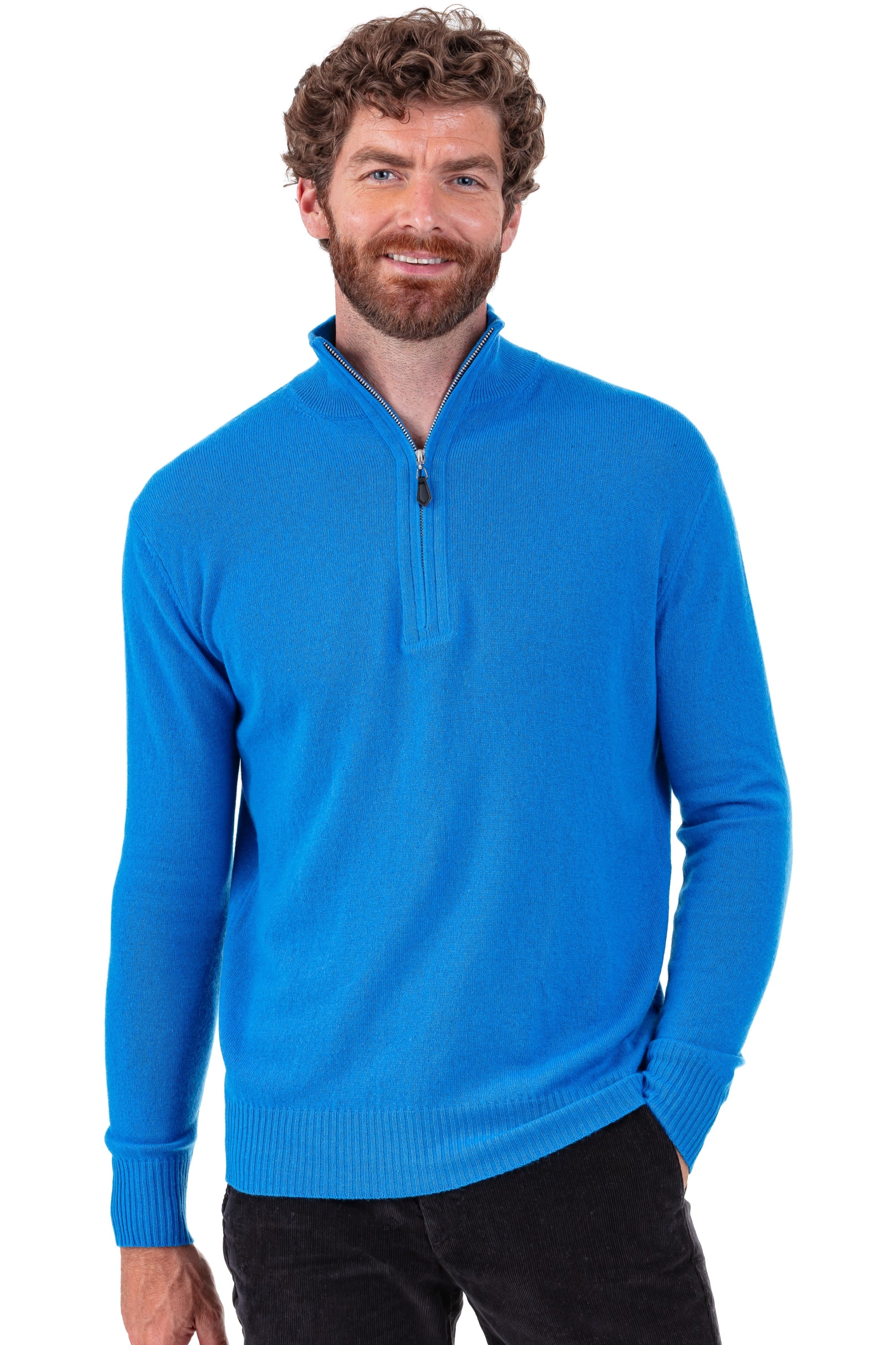 Pull en cachemire, 100 % Cachemire, homme, col col camioneur, fermeture zip, coupe droite, manches longues, normale / 2 et 4 fils, tricot normal, Mahogany