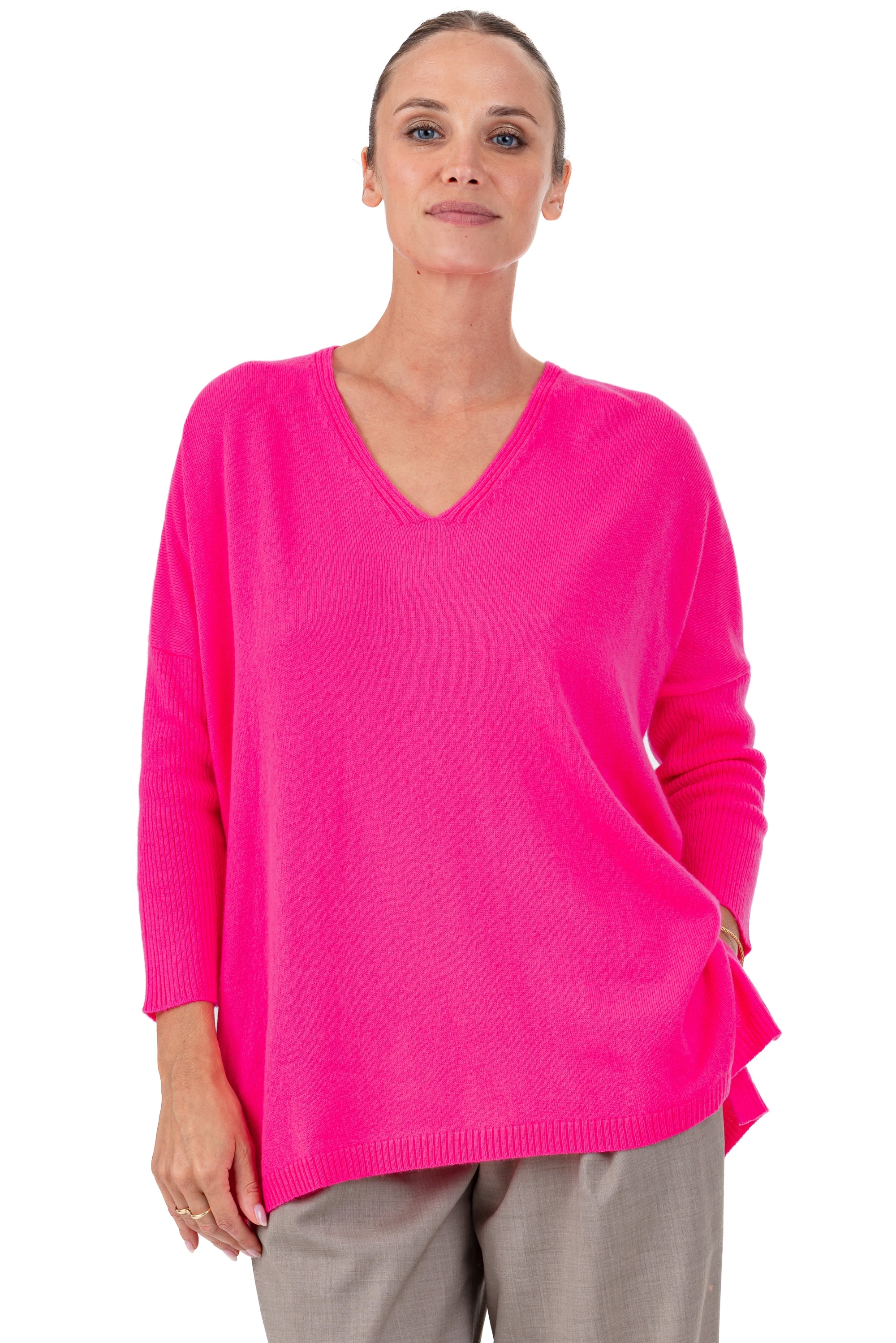 Pull en cachemire, 100 % Cachemire, femme, col col v, coupe oversize, manches trois quart, normale / 2 et 4 fils, tricot normal, Mahogany