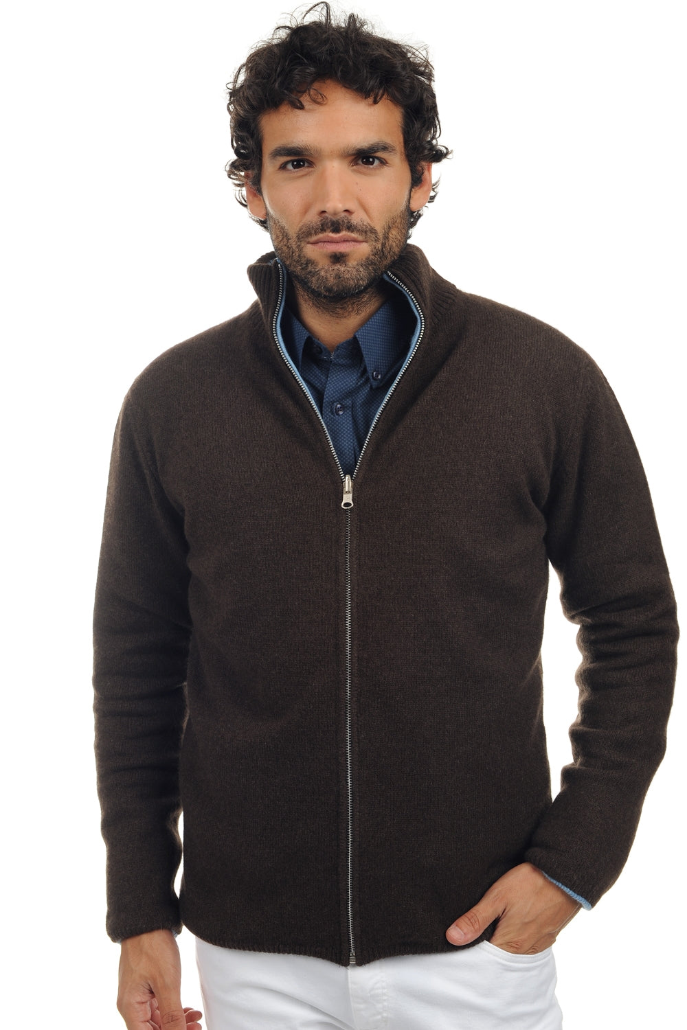 Vincent en cachemire et yak homme - marron naturel-bleu azur chiné - Mahogany