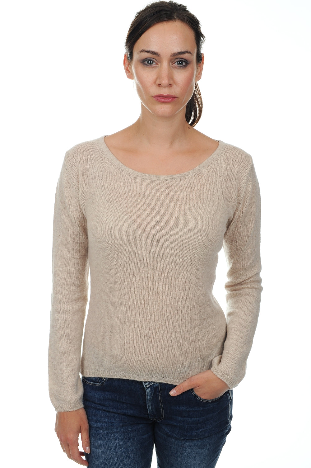 Pull en cachemire, 100 % Cachemire, femme, col col danseuse, coupe ajustée, manches longues, normale / 2 et 4 fils, tricot déjaugé, Mahogany