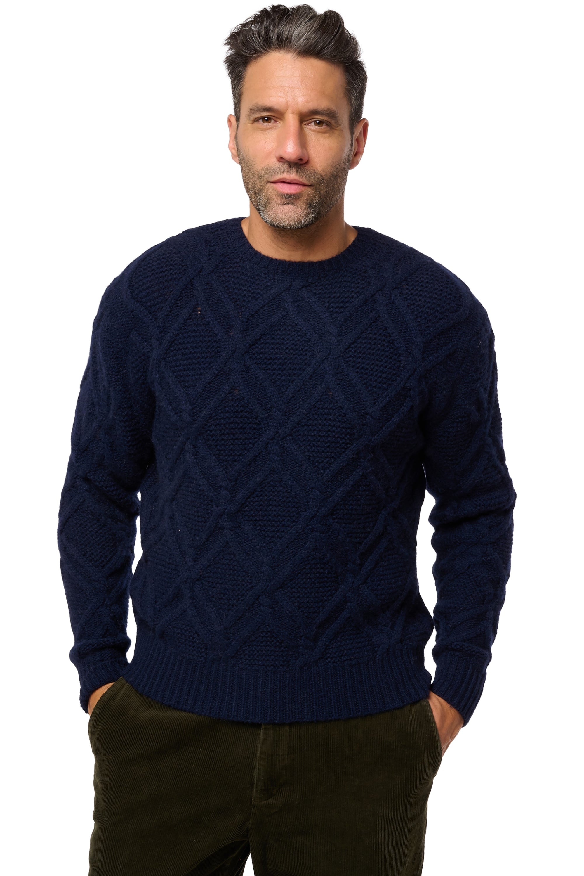 Pull en chameau, 100 % Chameau, homme, col col rond, coupe droite, manches longues, grosse / 6 fils et +, torsade, Mahogany